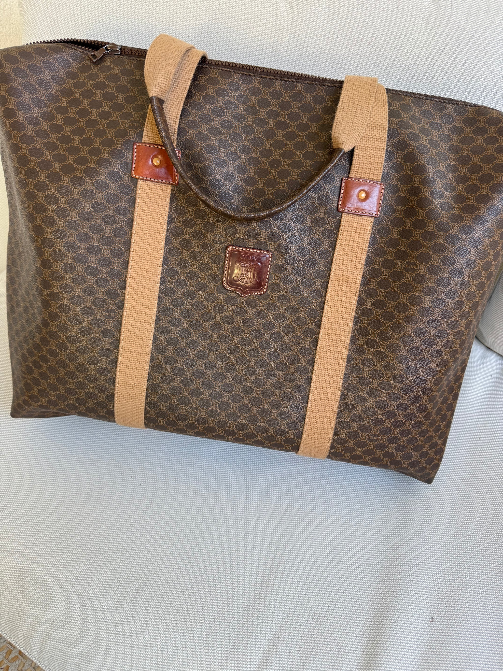 Sac de voyage Céline vintage - Toile triomphe et cuir naturel