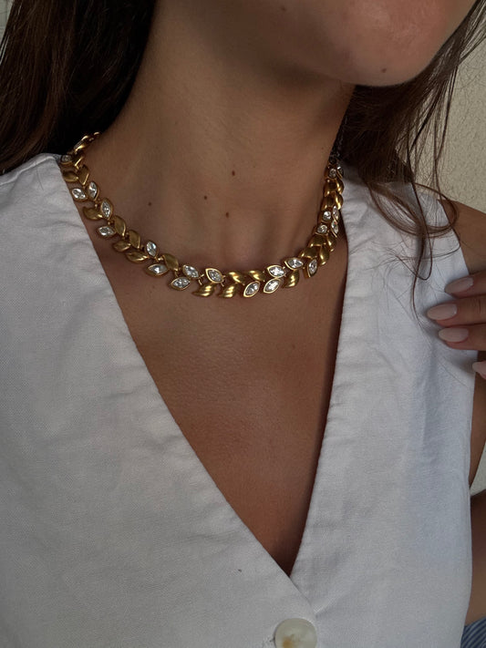 Collier Anne Klein vintage - Feuillage doré mat et strass