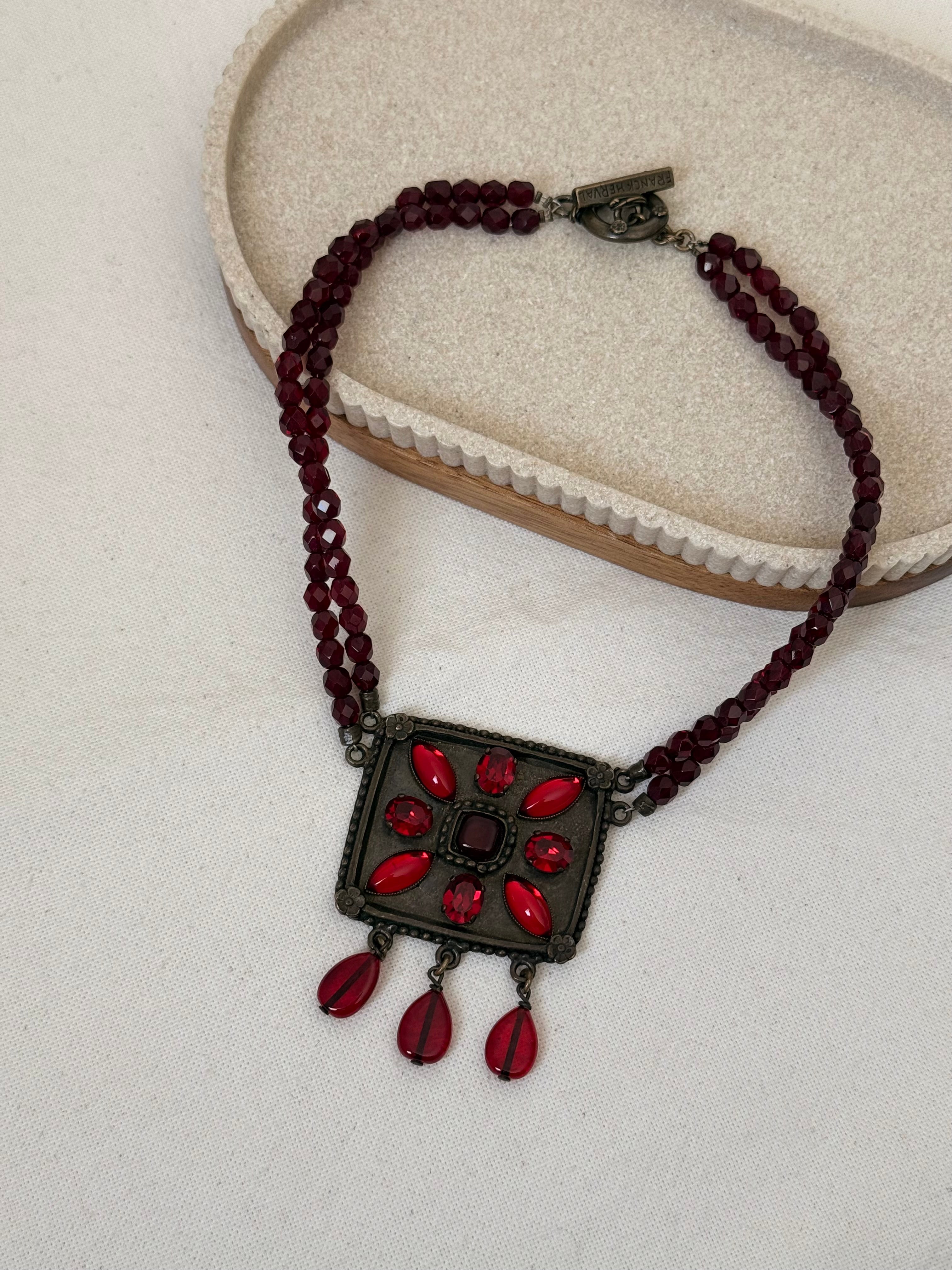 Collier Franck Herval vintage - Perles facettées rouges et pendentif