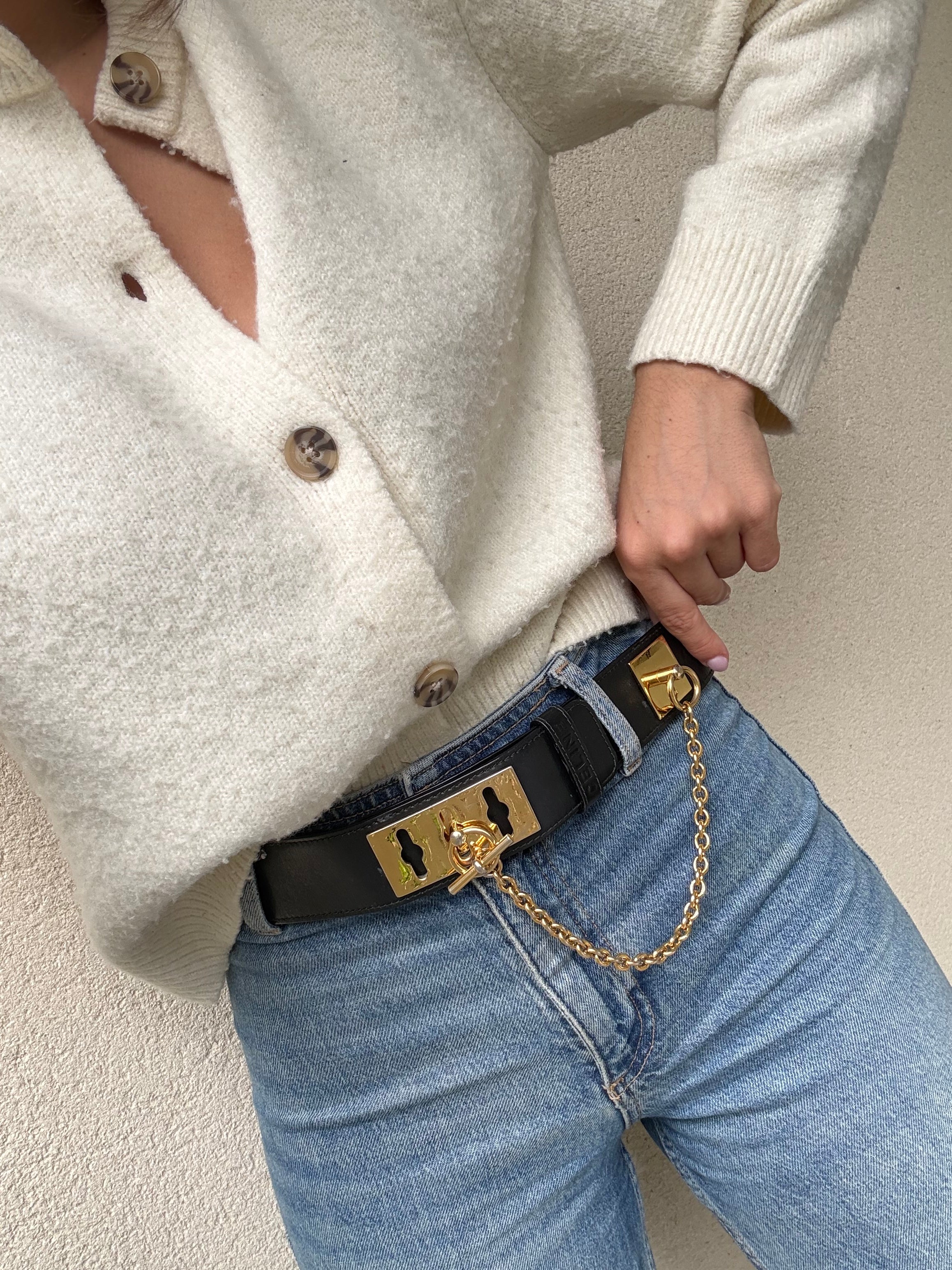 Ceinture Céline vintage - Cuir noir et chaîne dorée