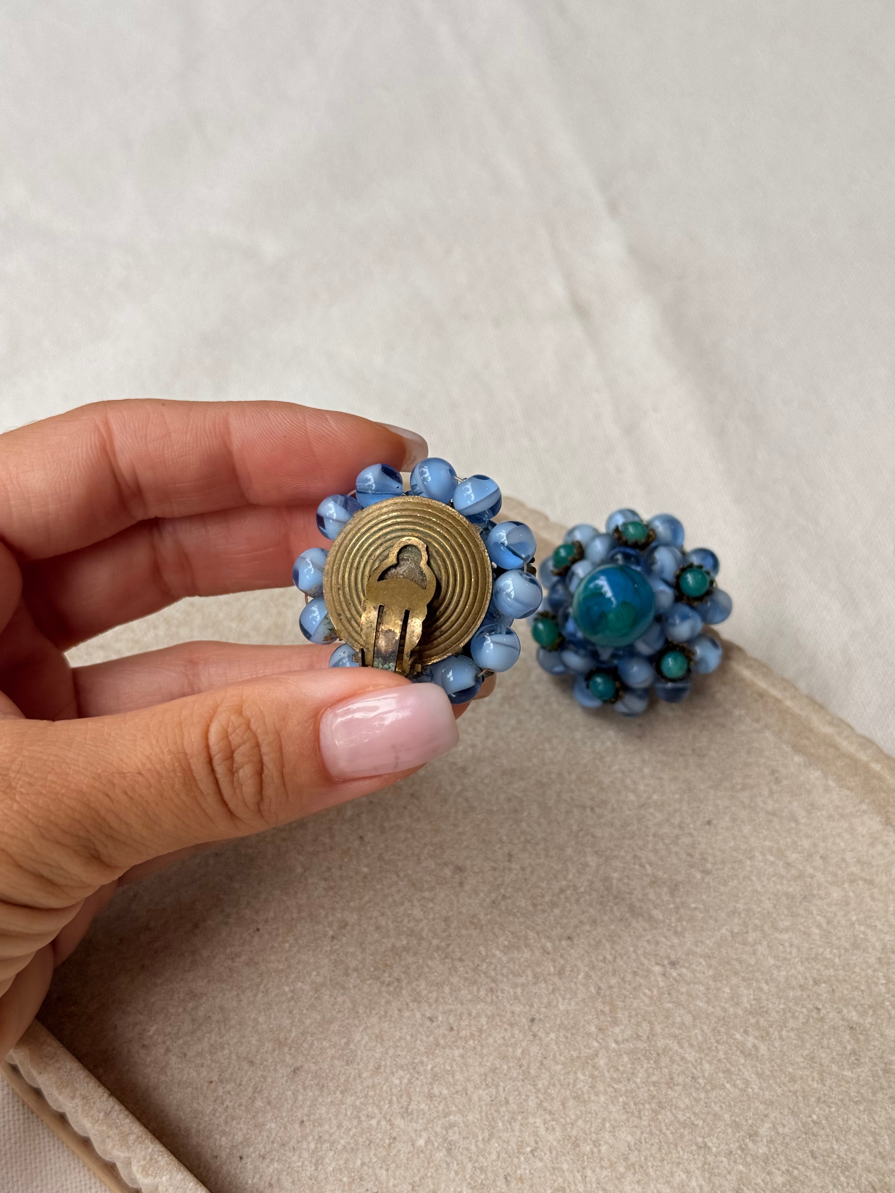 Boucles d’oreilles vintage - Pâte de verre bleue et turquoise