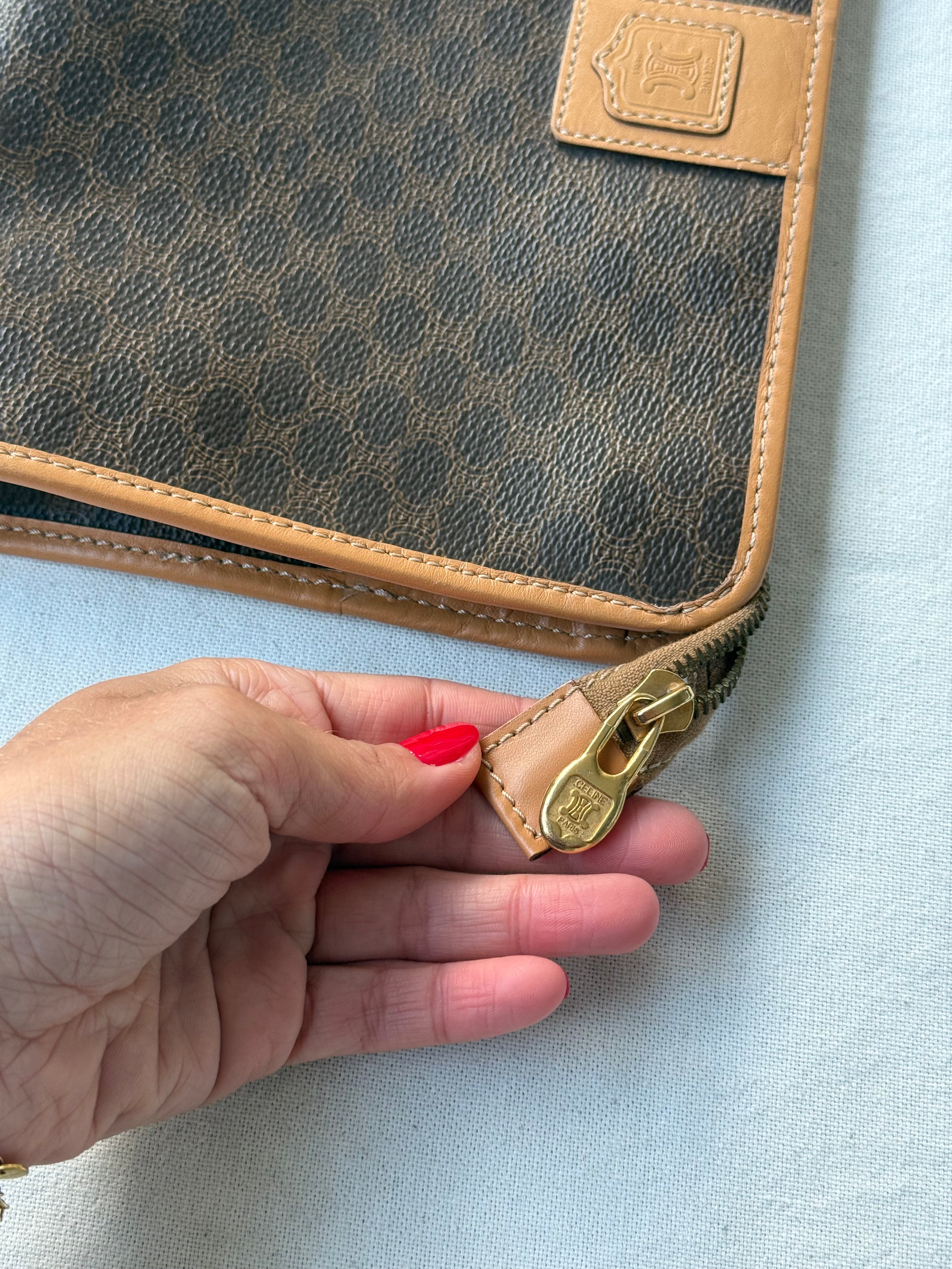 Pochette Céline vintage - Toile macadam et cuir naturel