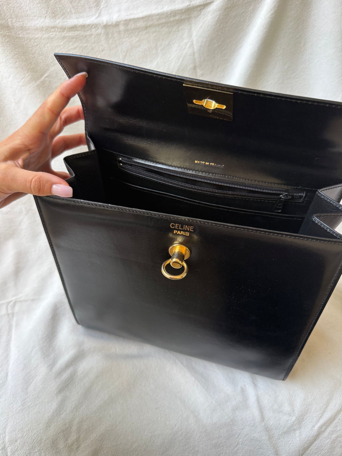 Sac Céline vintage - Top Handle cuir noir et fermoir doré