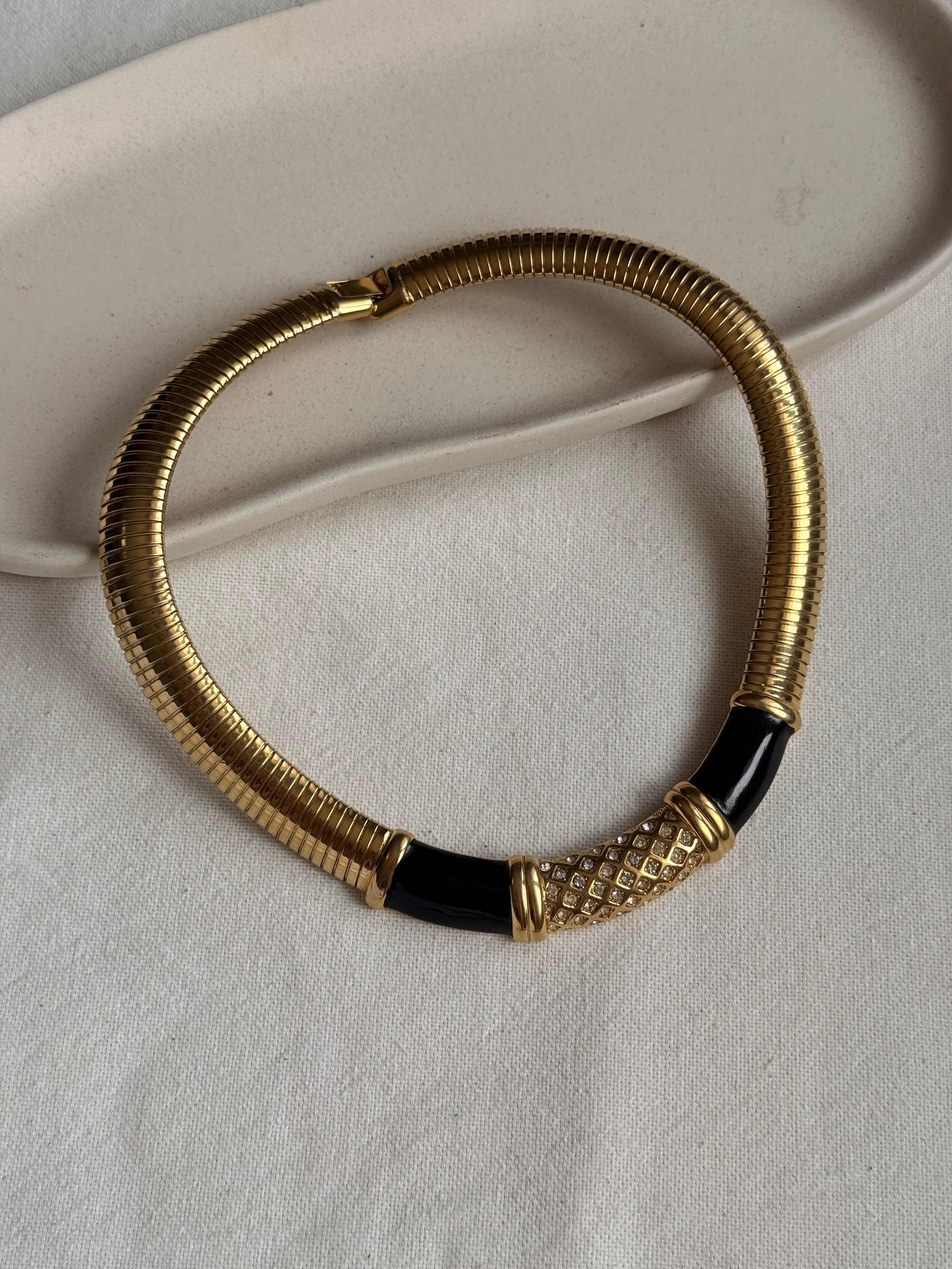 Collier Monet vintage - Plastron émail noir et strass