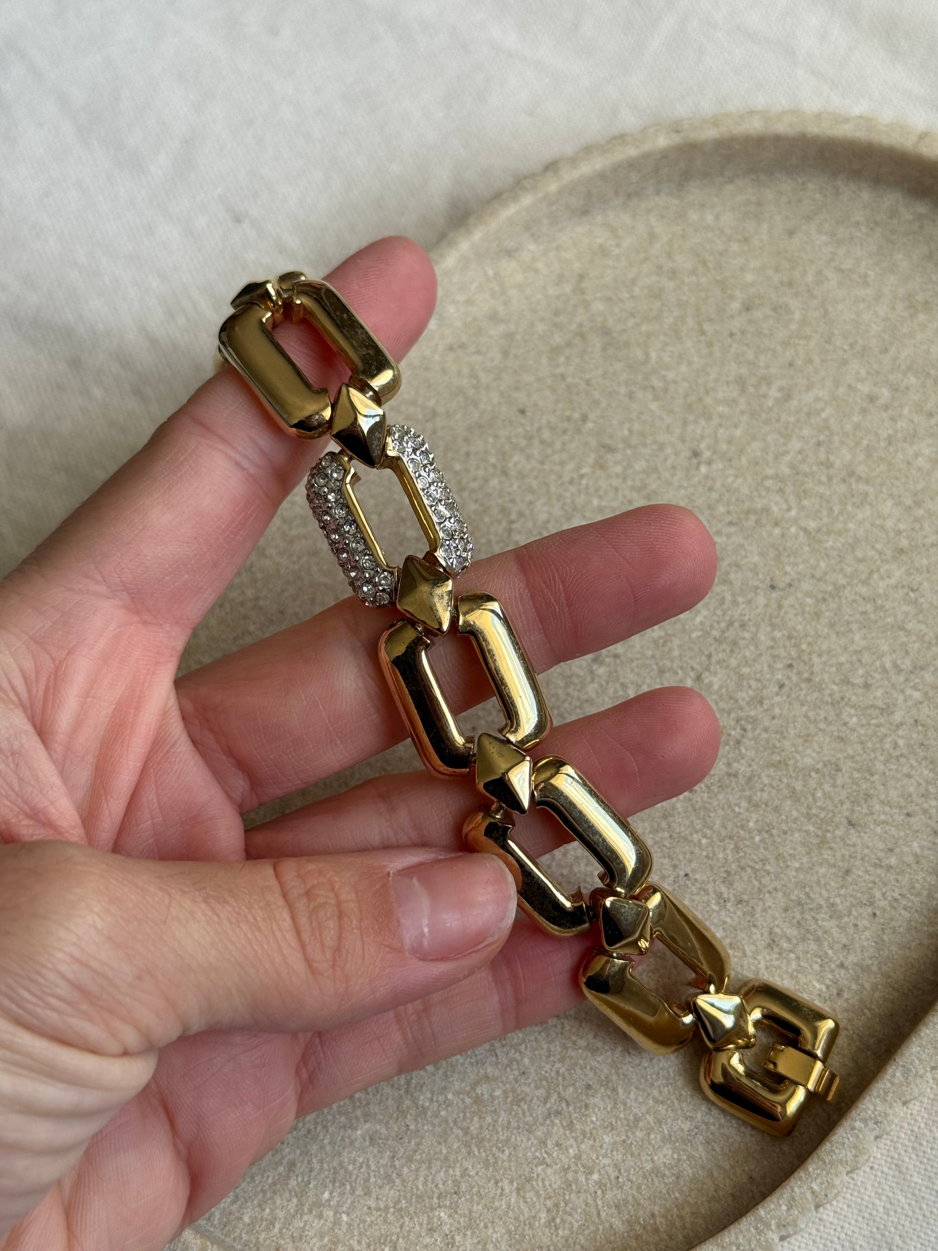 Bracelet vintage - Maillons dorés et strass