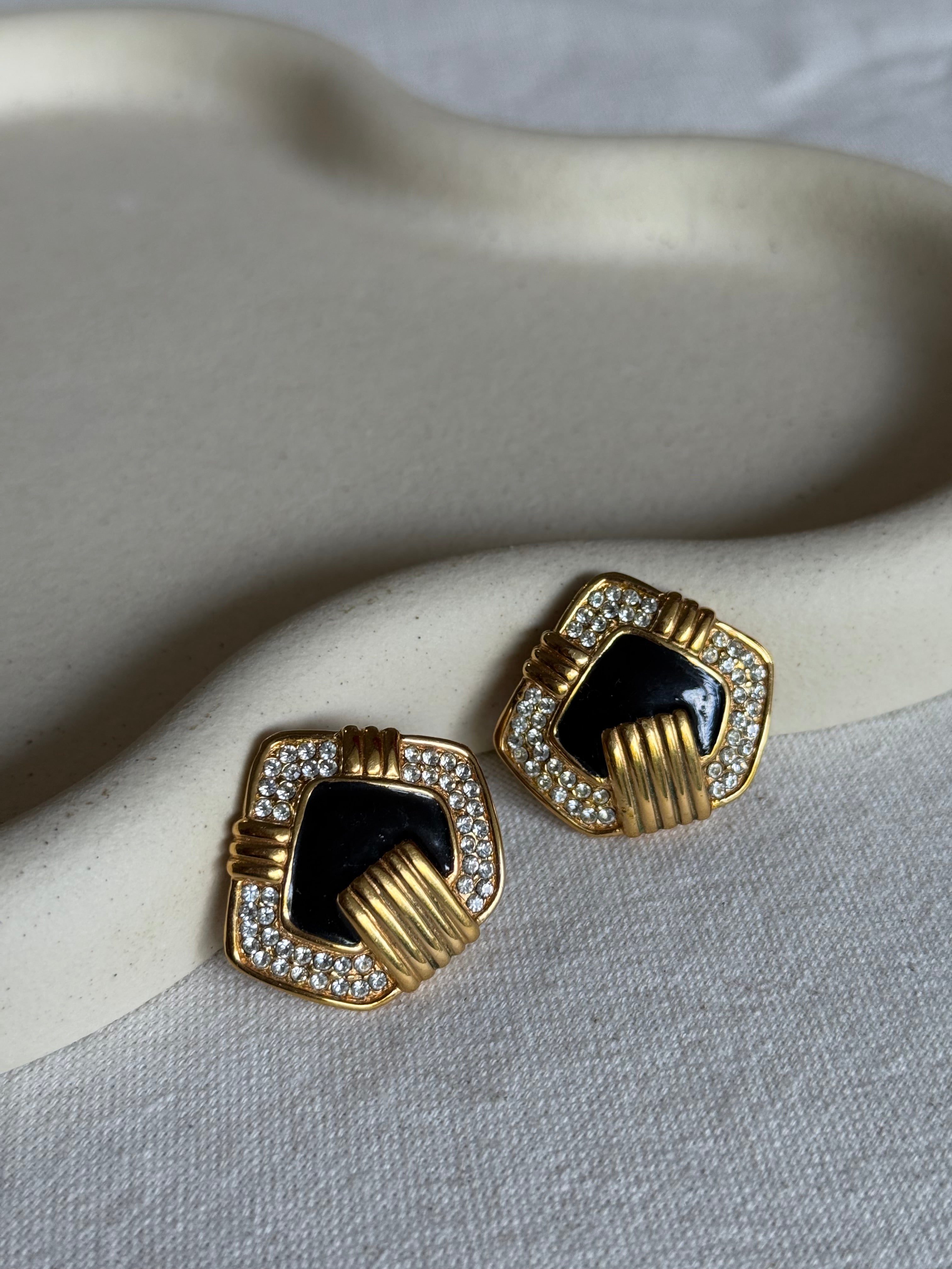 Boucles d’oreilles vintage - Forme géométique émaillées noires