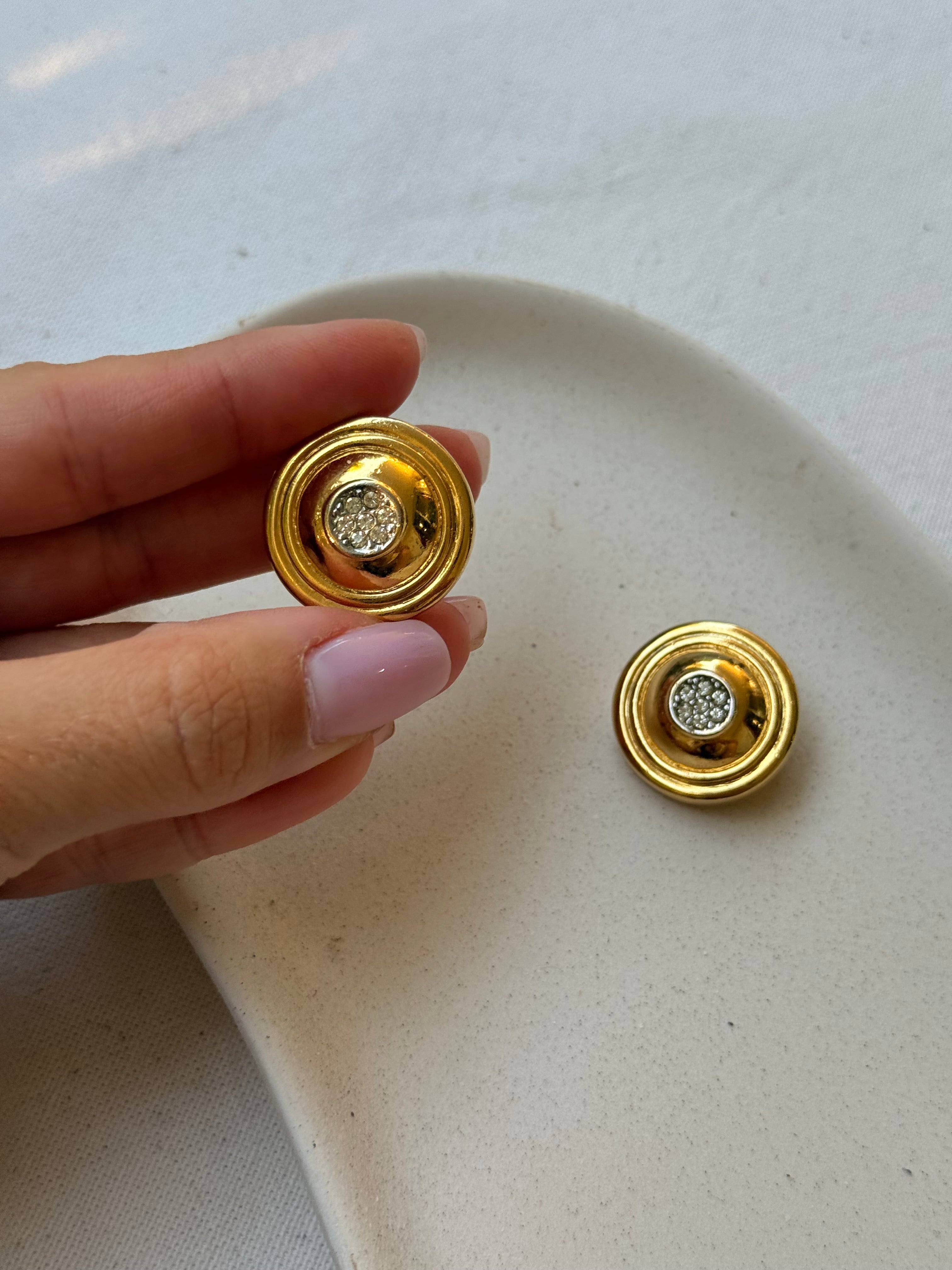 Boucles d’oreilles David Grau vintage - Rondes dorées et strass