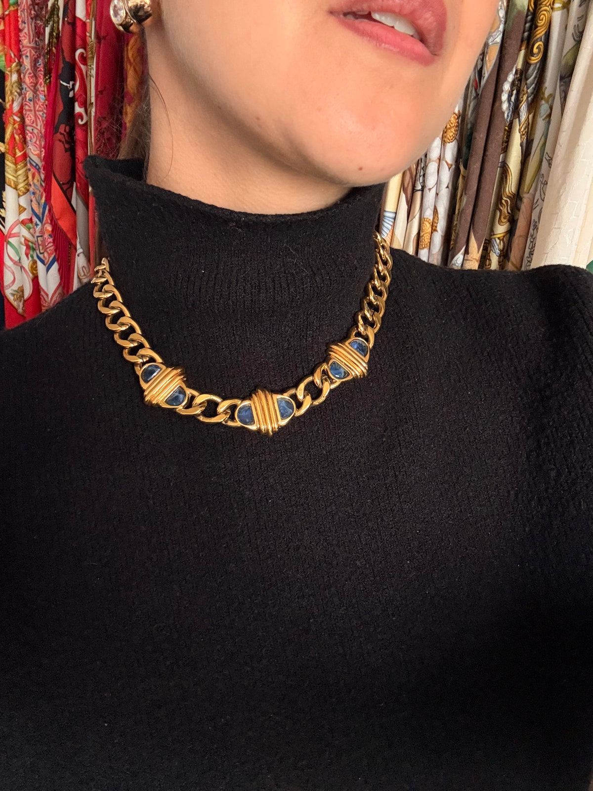 Collier Guy Laroche vintage - Maillons dorés et cabochons bleus