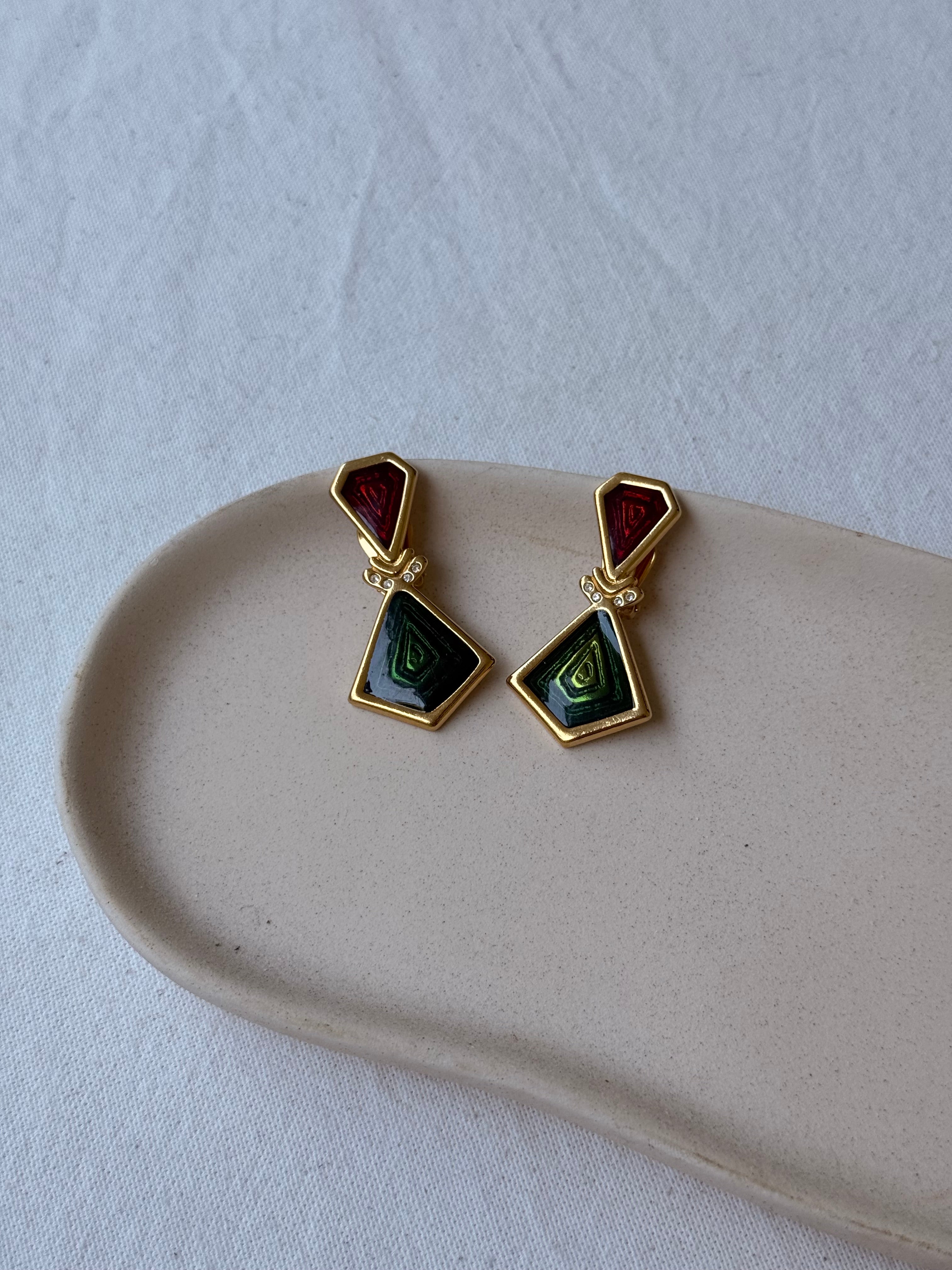 Boucles d’oreilles vintage - Émaillées rouges et verts
