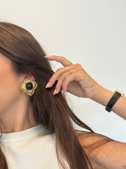 Boucles d’oreilles Georges Rech vintage - Dorées et cabochons noir
