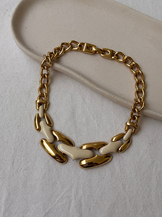 Collier Helena Rubinstein vintage - Maille dorée et émail ivoire