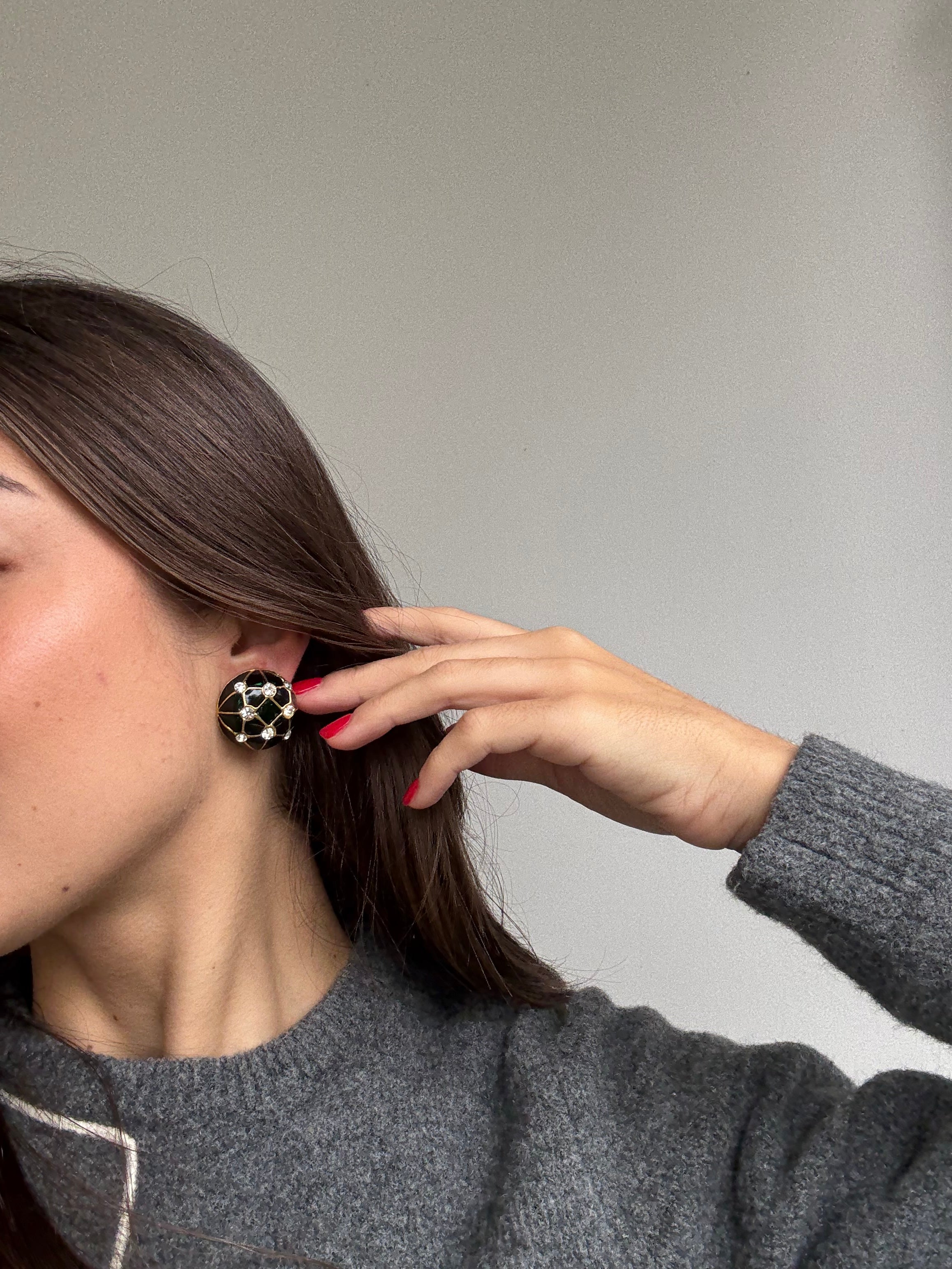 Boucles d’oreilles vintage - Émail vert et strass
