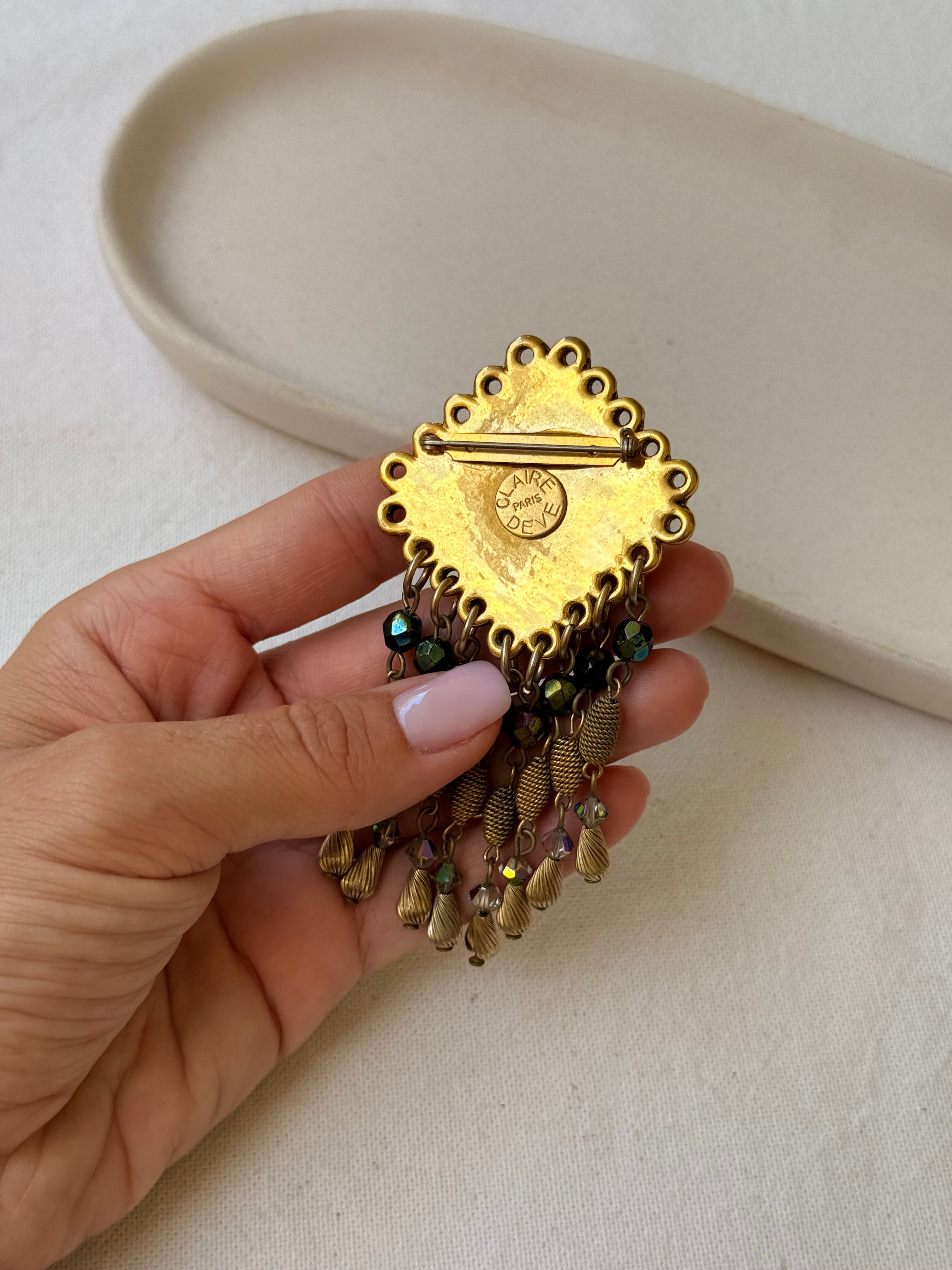 Broche Claire Deve vintage - Pampilles et cristaux verts