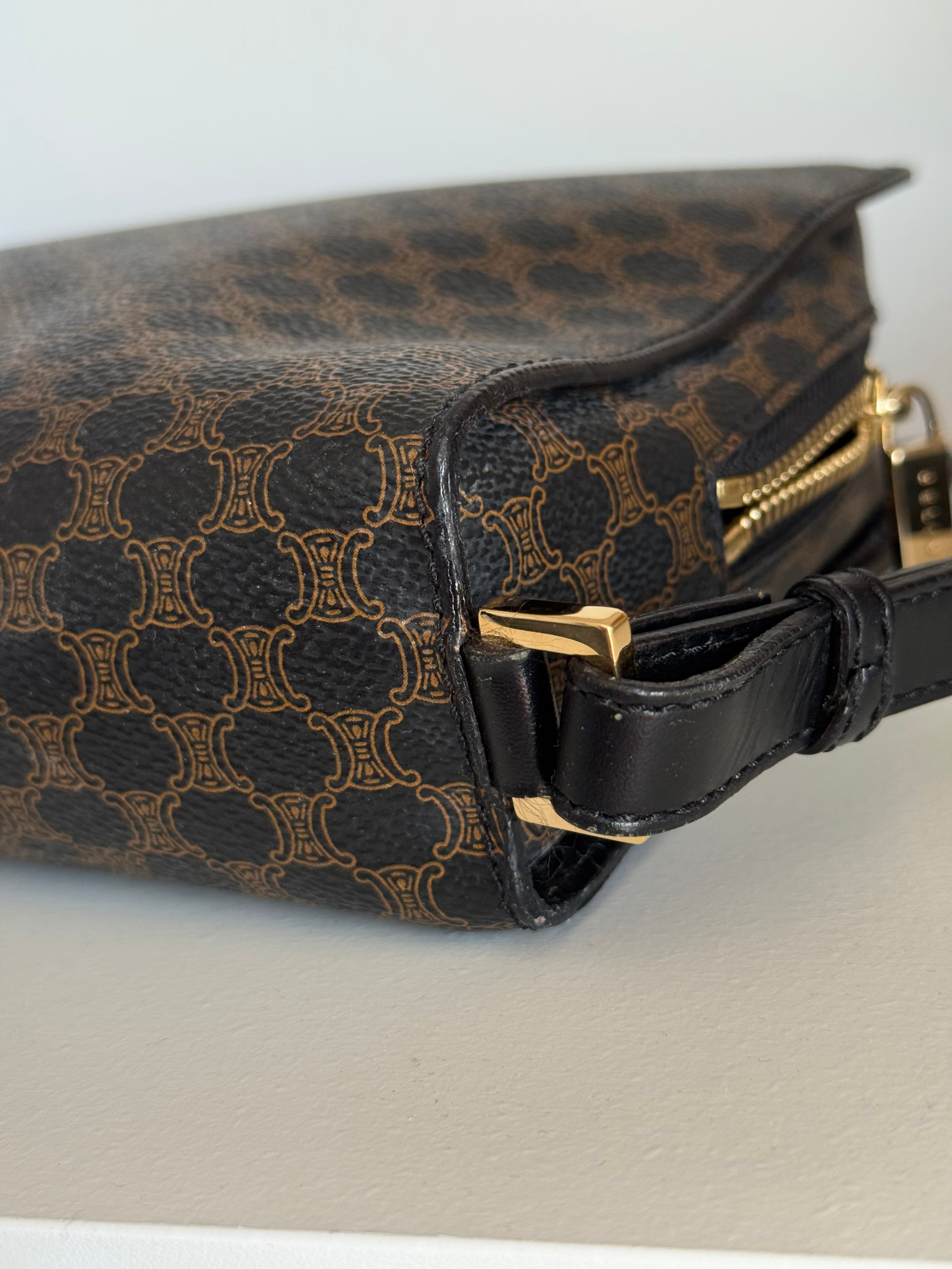 Pochette Céline vintage - Toile triomphe et cuir noir