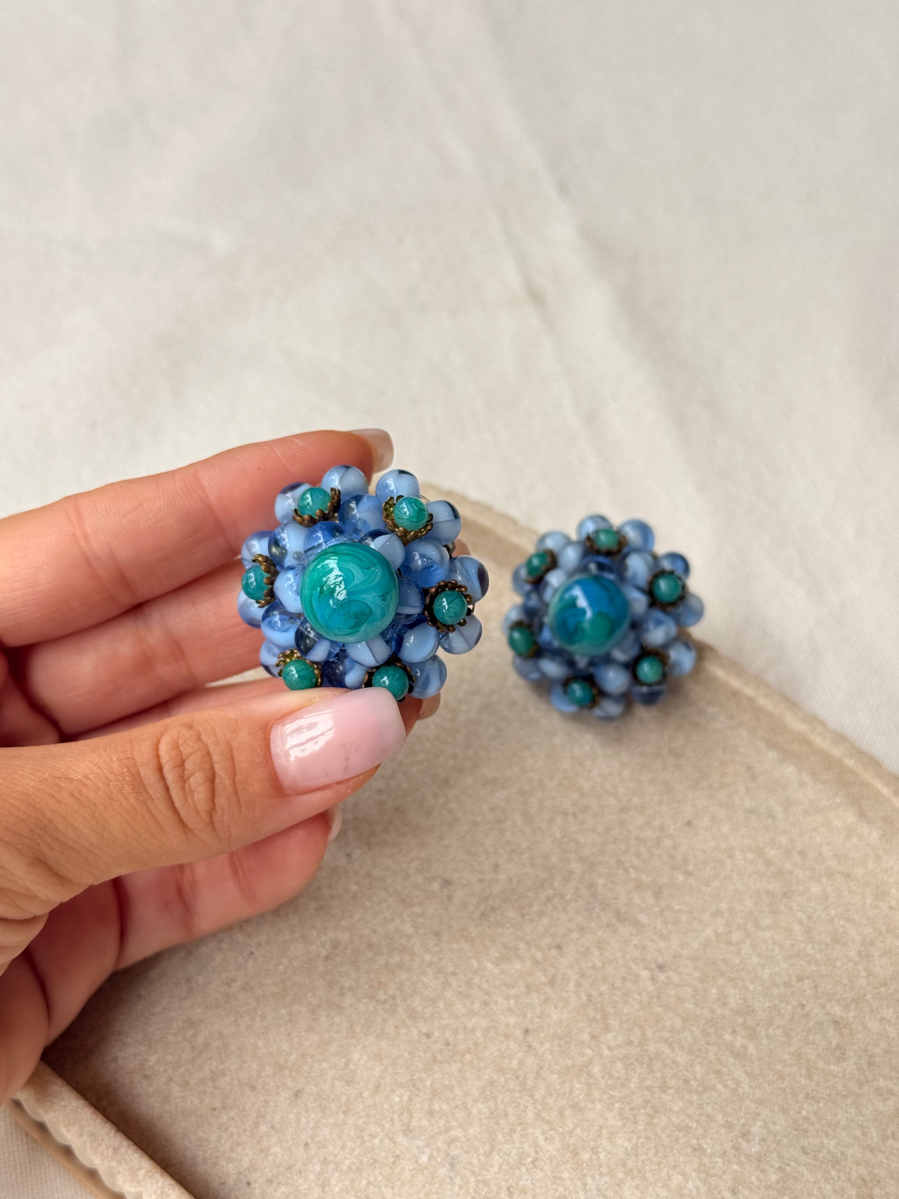 Boucles d’oreilles vintage - Pâte de verre bleue et turquoise