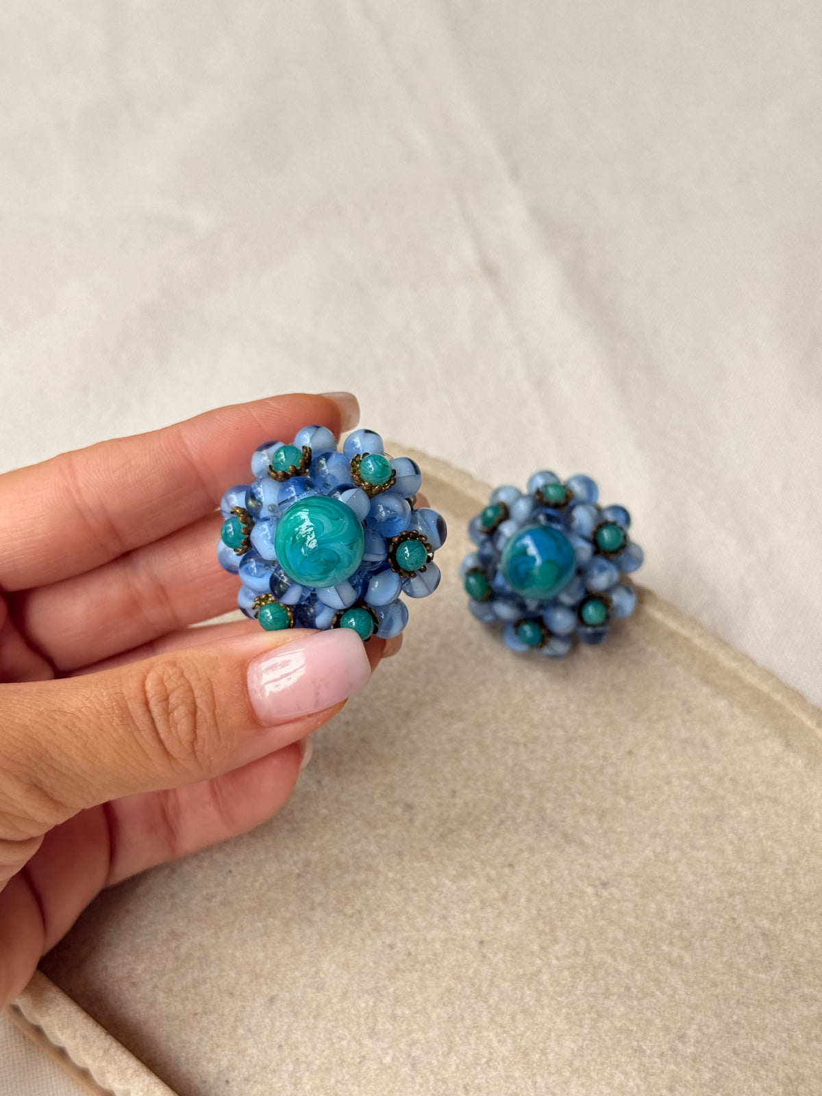 Boucles d’oreilles vintage - Pâte de verre bleue et turquoise