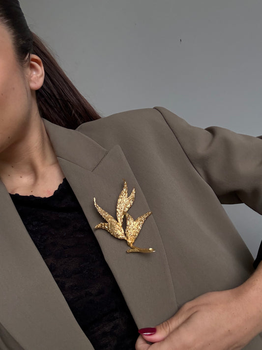 Broche Sphinx vintage - Feuillage doré texturé