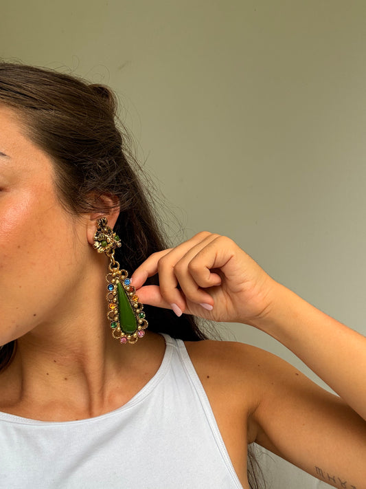 Boucles d’oreilles vintage - Pendantes gouttes vertes et cristaux multicolores