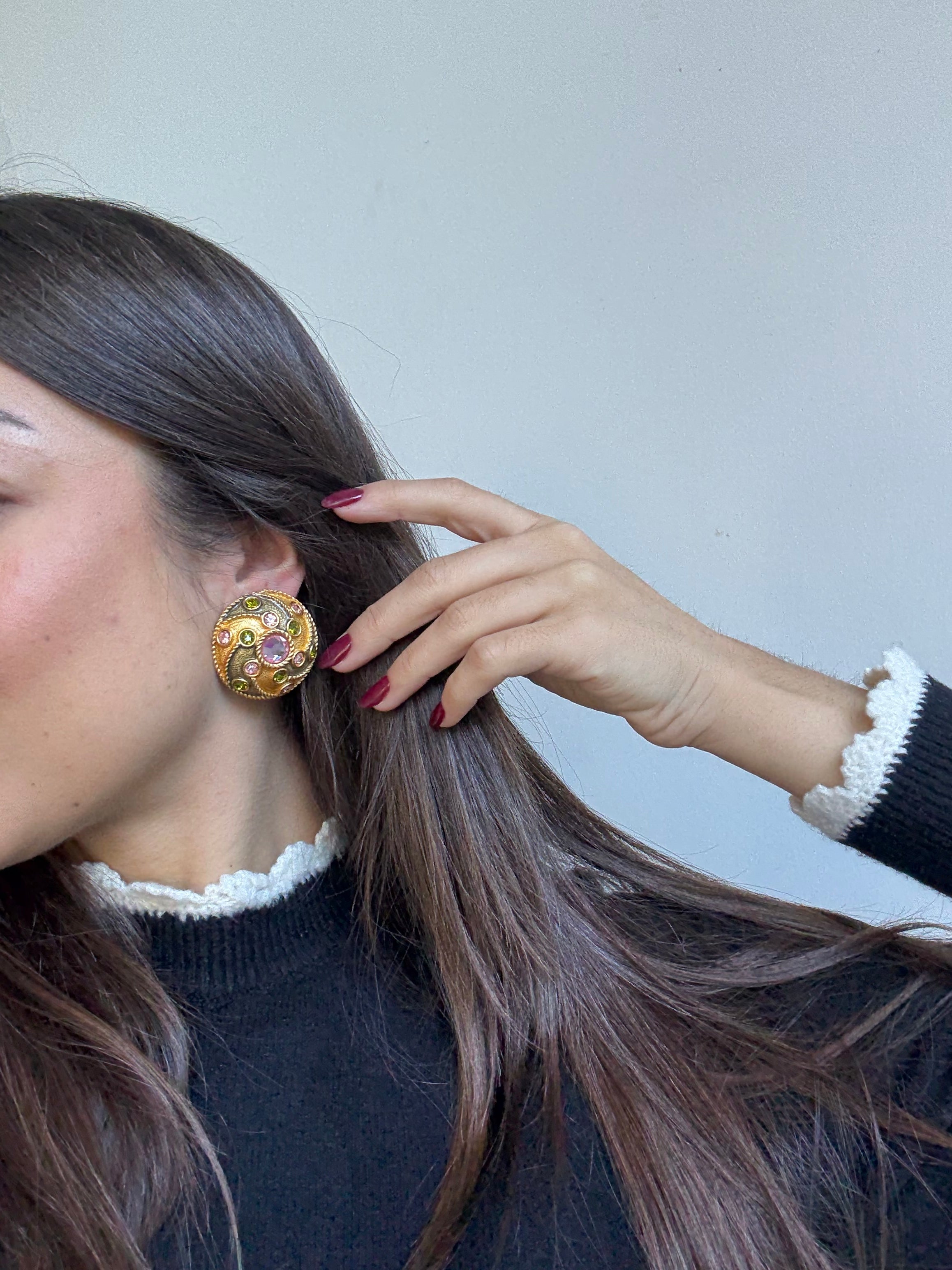 Boucles d’oreilles Yosca vintage - Doré, rose et vert