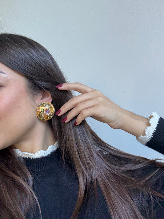 Boucles d’oreilles Yosca vintage - Doré, rose et vert