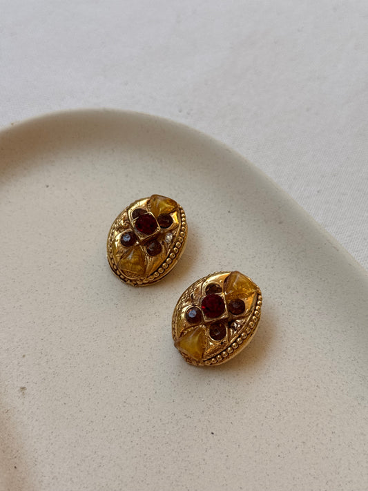 Boucles d’oreilles Kalinger vintage - Cabochons ambrés et strass rouge