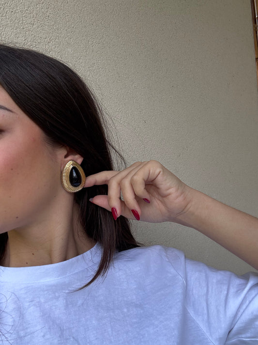 Boucles d’oreilles vintage - Gouttes dorées et cabochons noirs