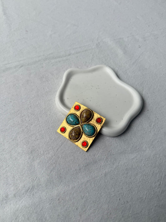 Broche Elena Cantacuzene vintage - Métal doré et cabochons colorés