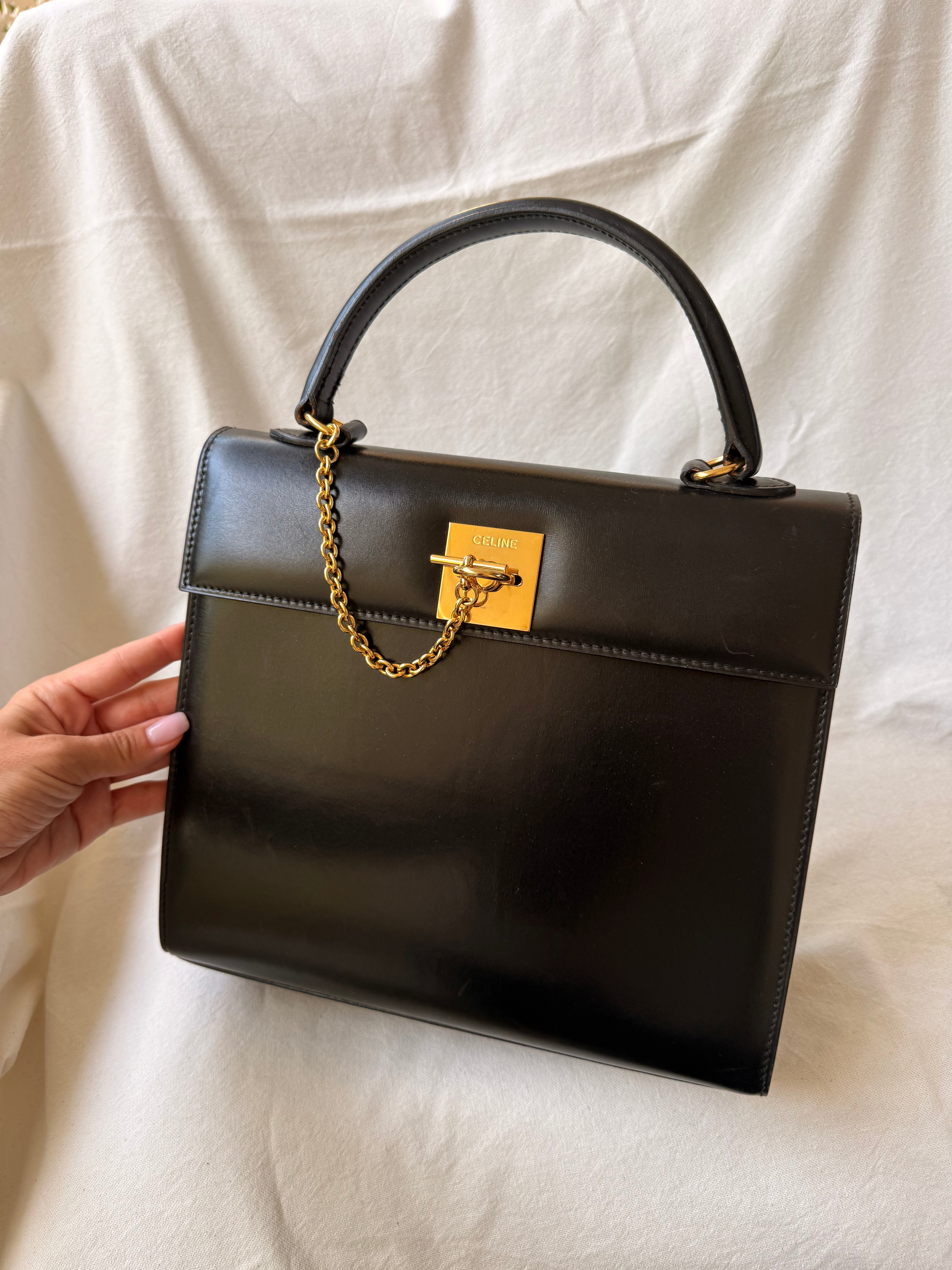 Sac Céline vintage - Top Handle cuir noir et fermoir doré