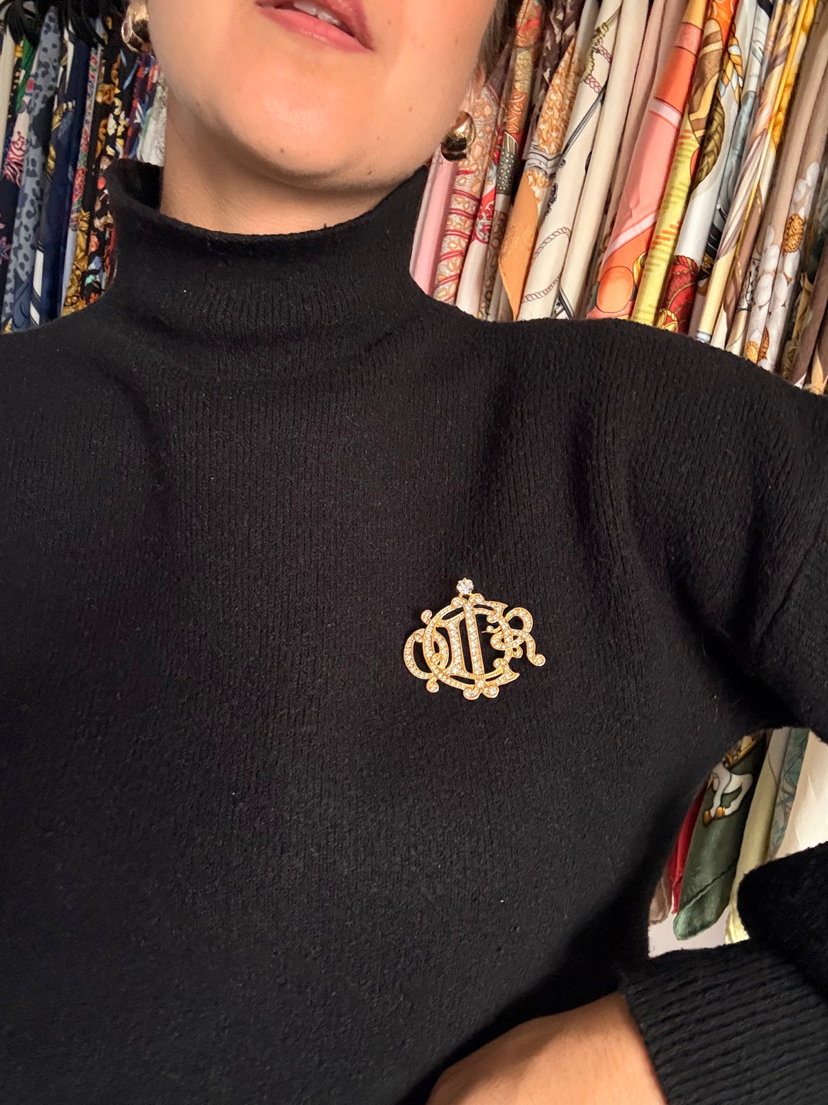 Broche Christian Dior vintage - Monogramme entrelacé orné de strass