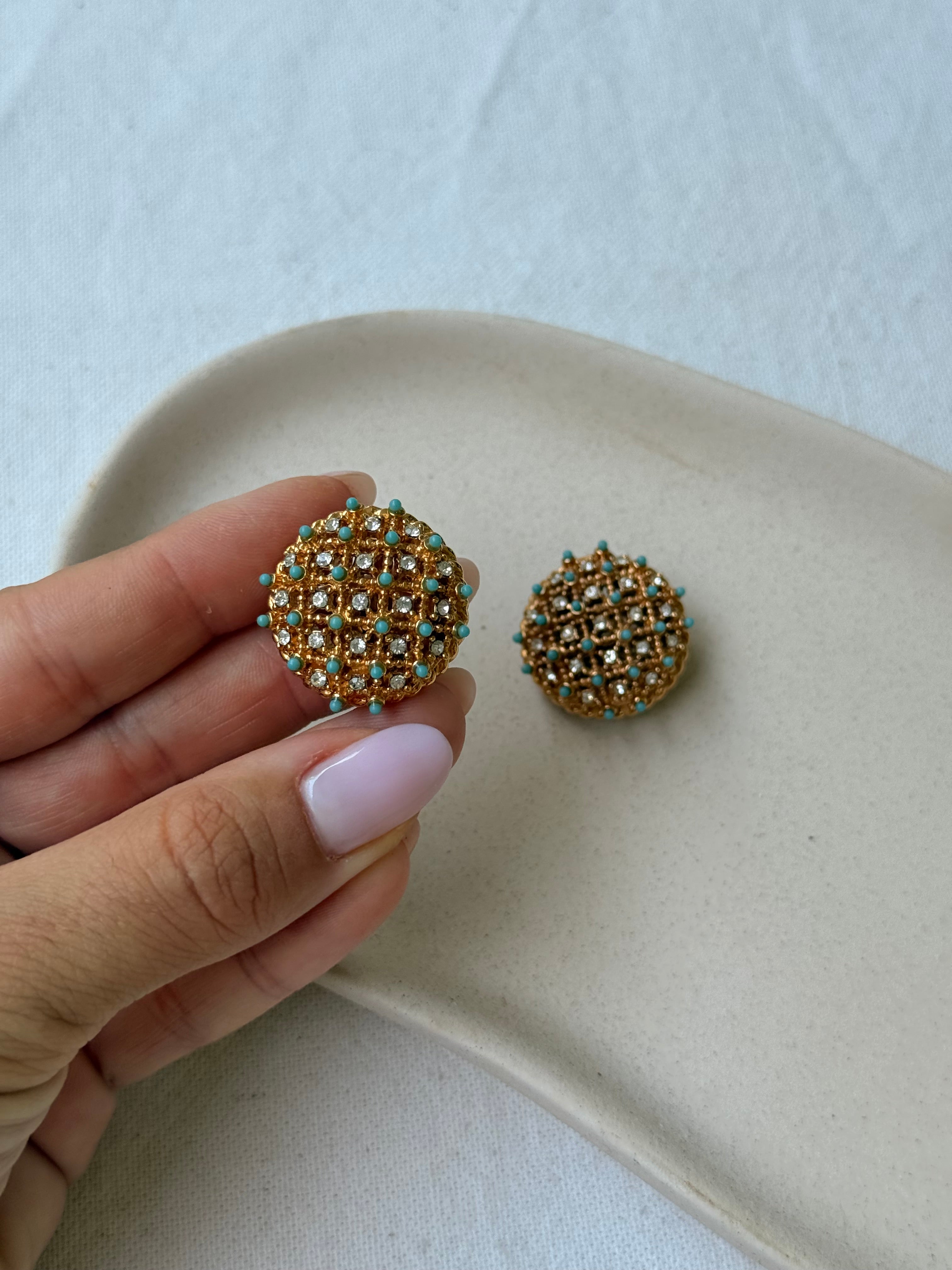 Boucles d’oreilles Carven vintage - Strass et cabochons turquoises