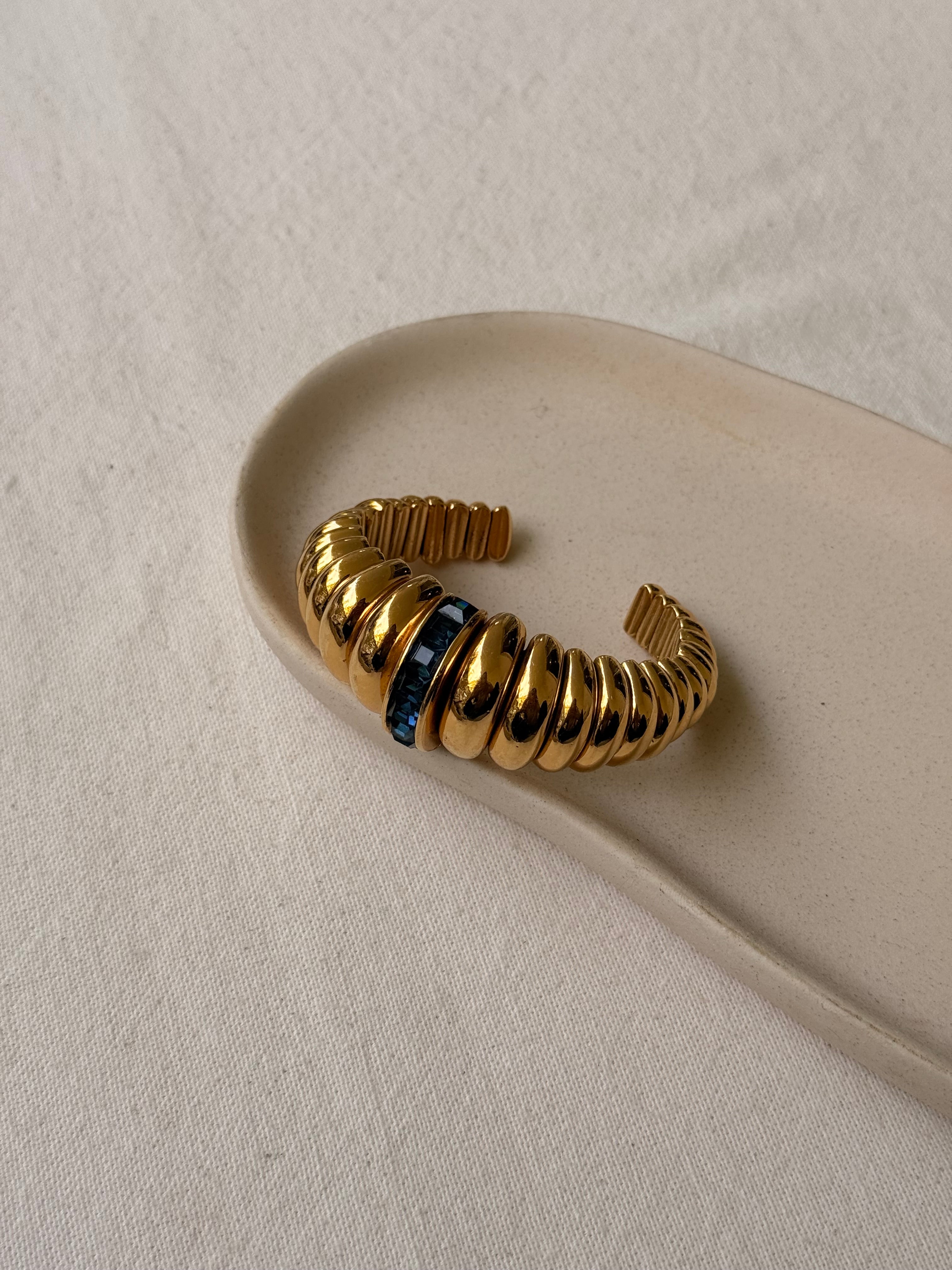 Bracelet YSL vintage - Manchette dorée et strass bleus