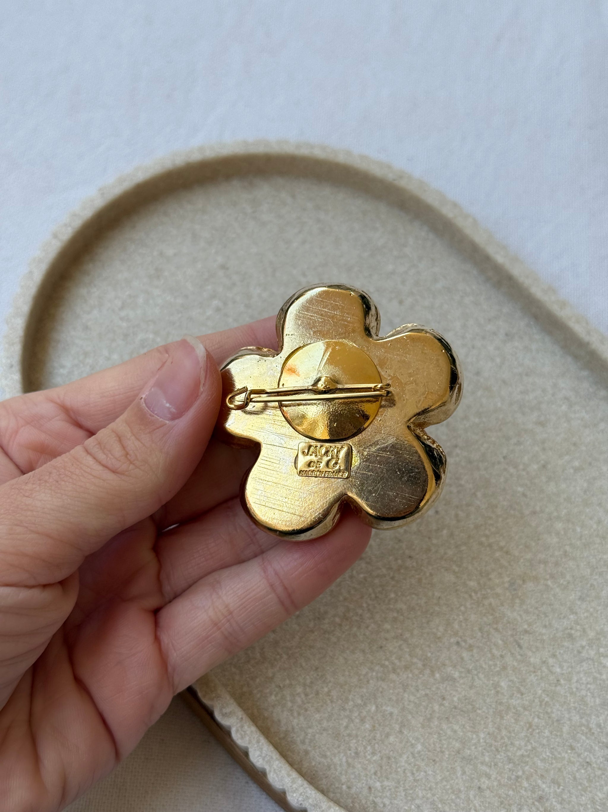 Broche Jacky de G vintage - Trèfle strass multicolore