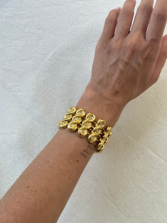 Bracelet vintage - Maille large dorée et strass