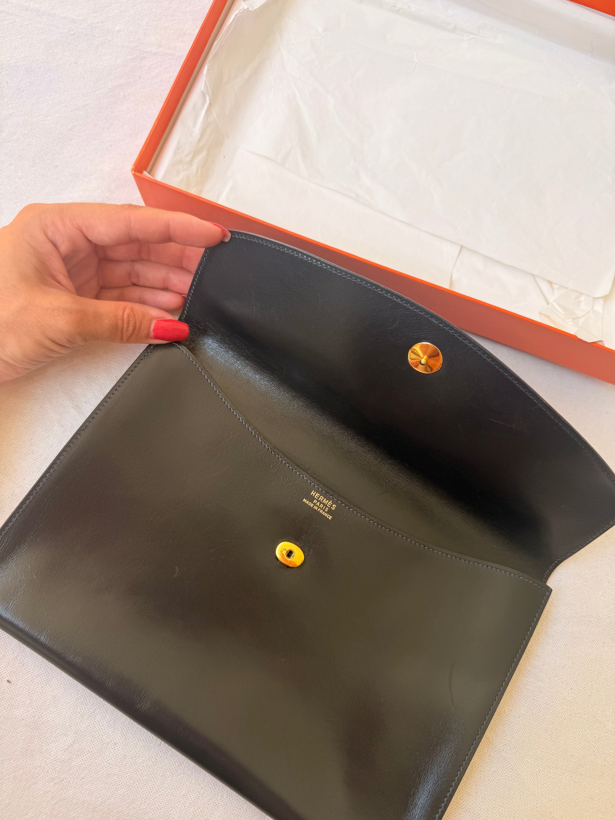 Pochette Hermès - Modèle Rio, cuir box bleu marine