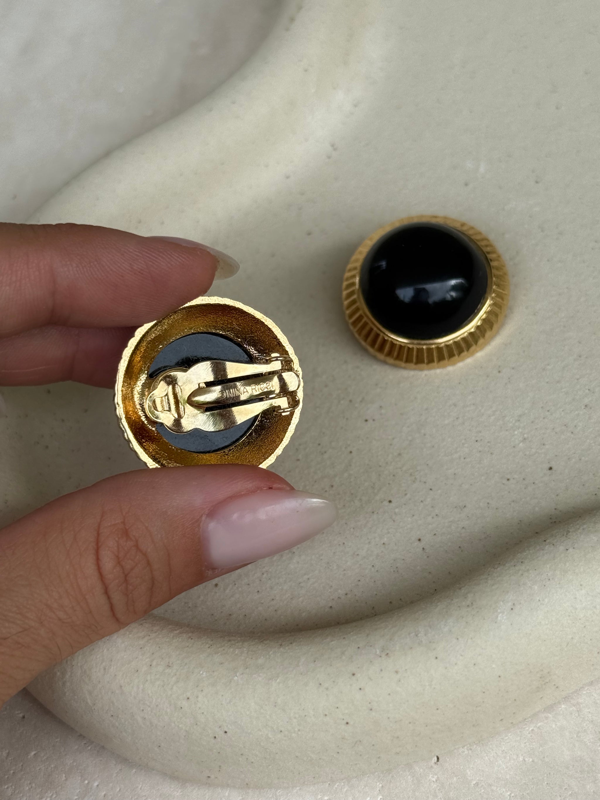 Vintage Nina Ricci Earrings - Round with Black Cabochons