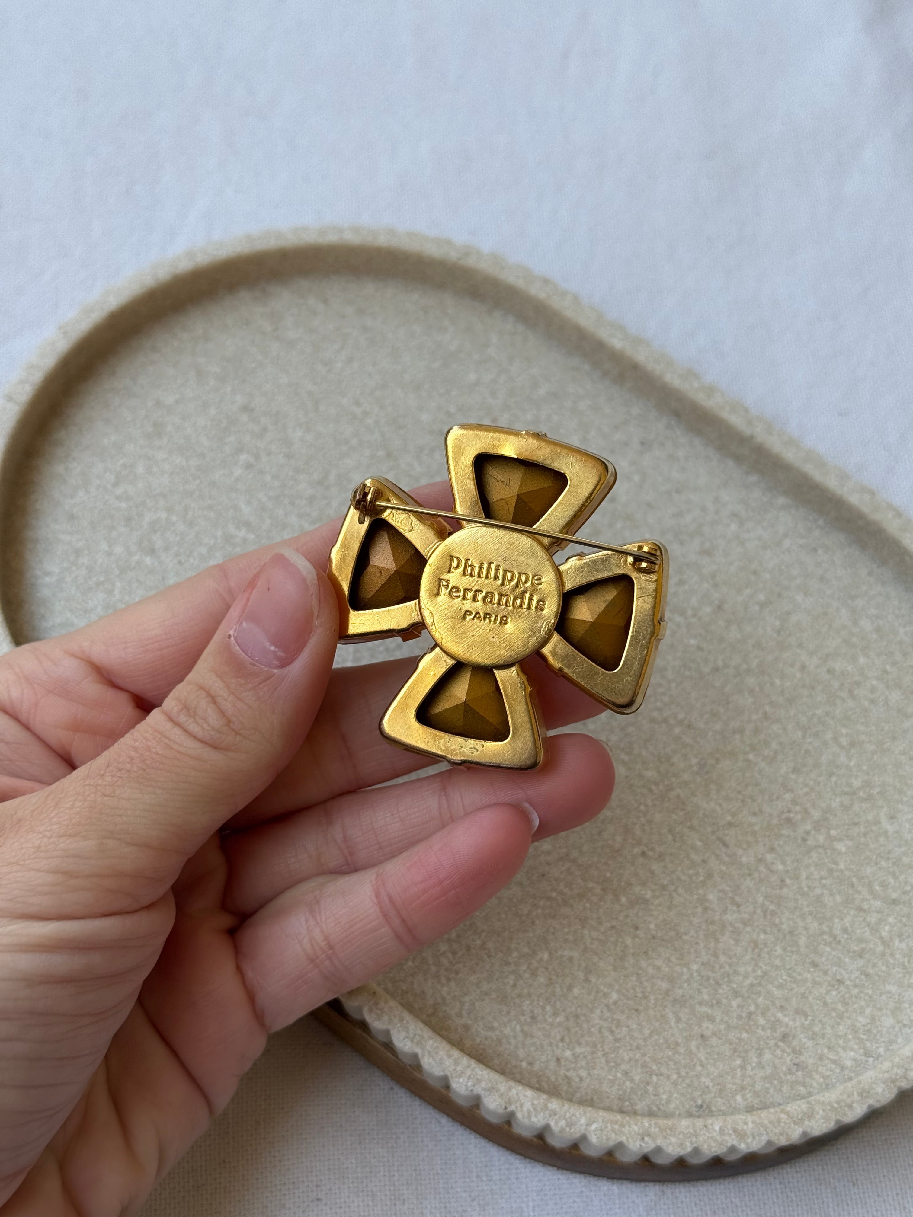 Broche Philippe Ferrandis vintage - Croix cristaux et perles