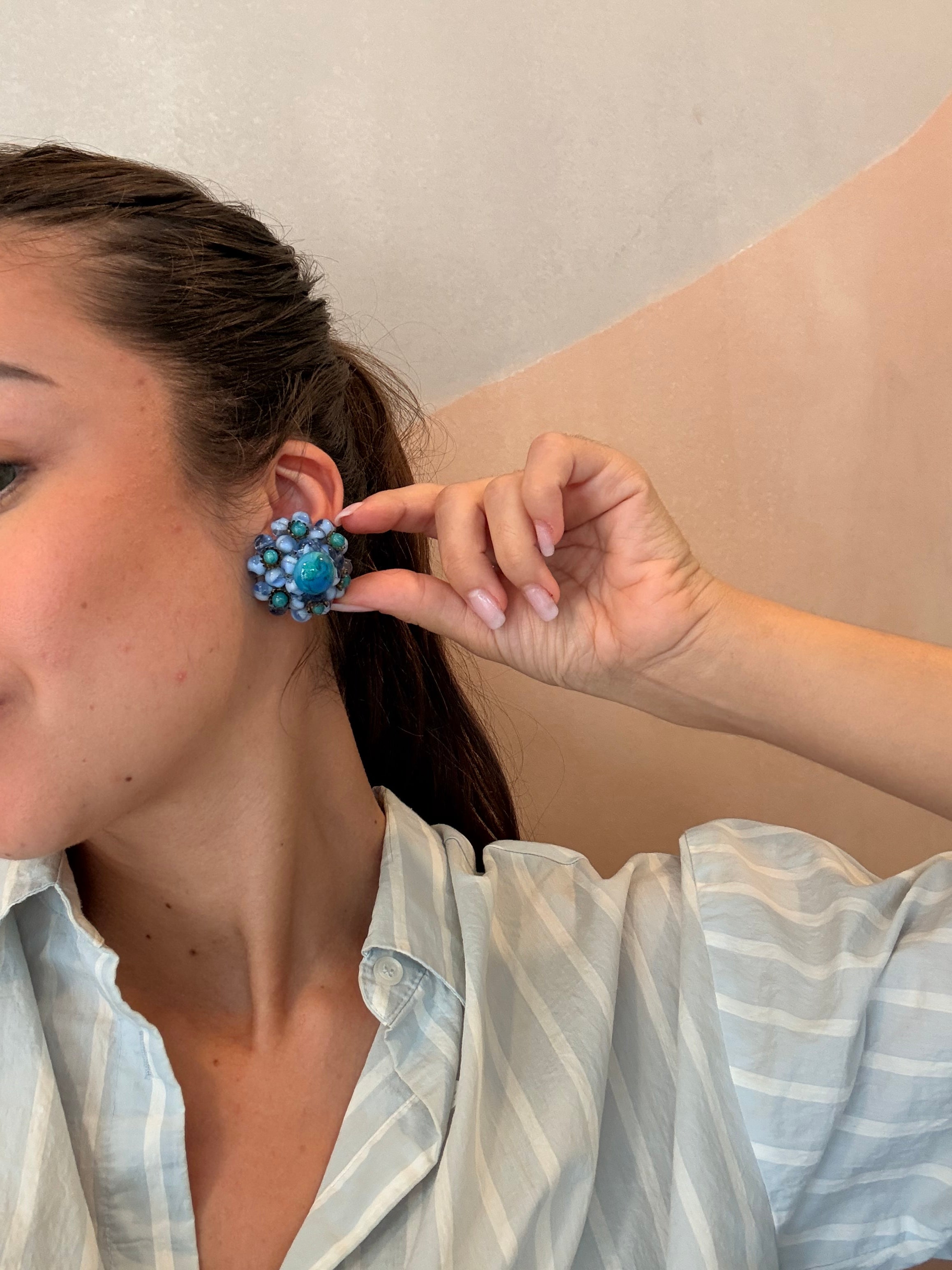 Boucles d’oreilles vintage - Pâte de verre bleue et turquoise
