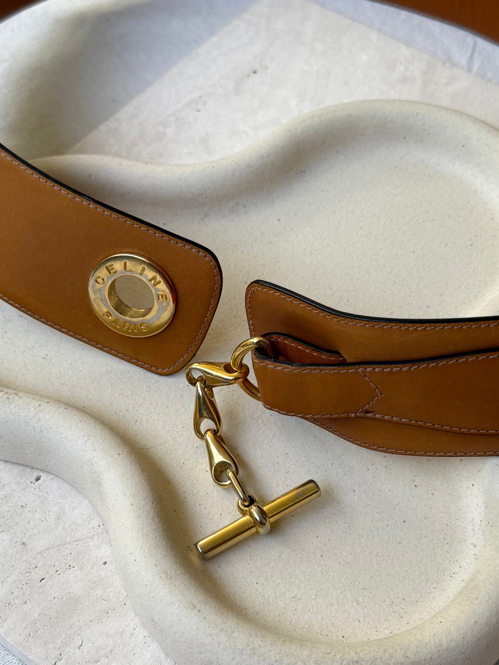 Ceinture Céline vintage - Cuir camel et chaîne dorée