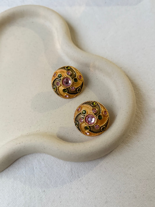 Boucles d’oreilles Yosca vintage - Doré, rose et vert