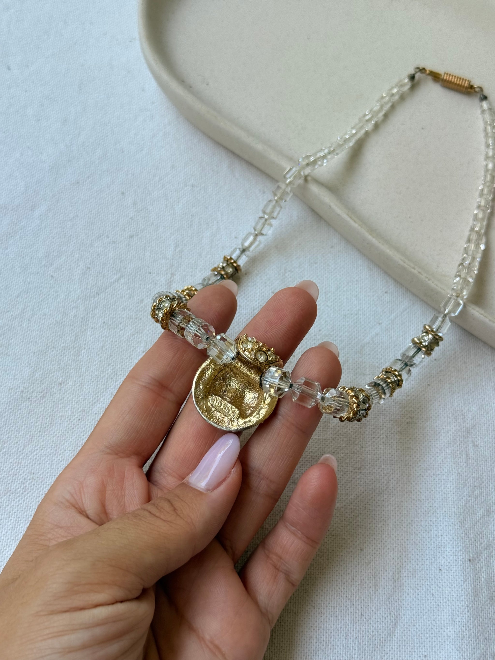 Collier Orena vintage - Perles cristal facettées et pendentif pavé
