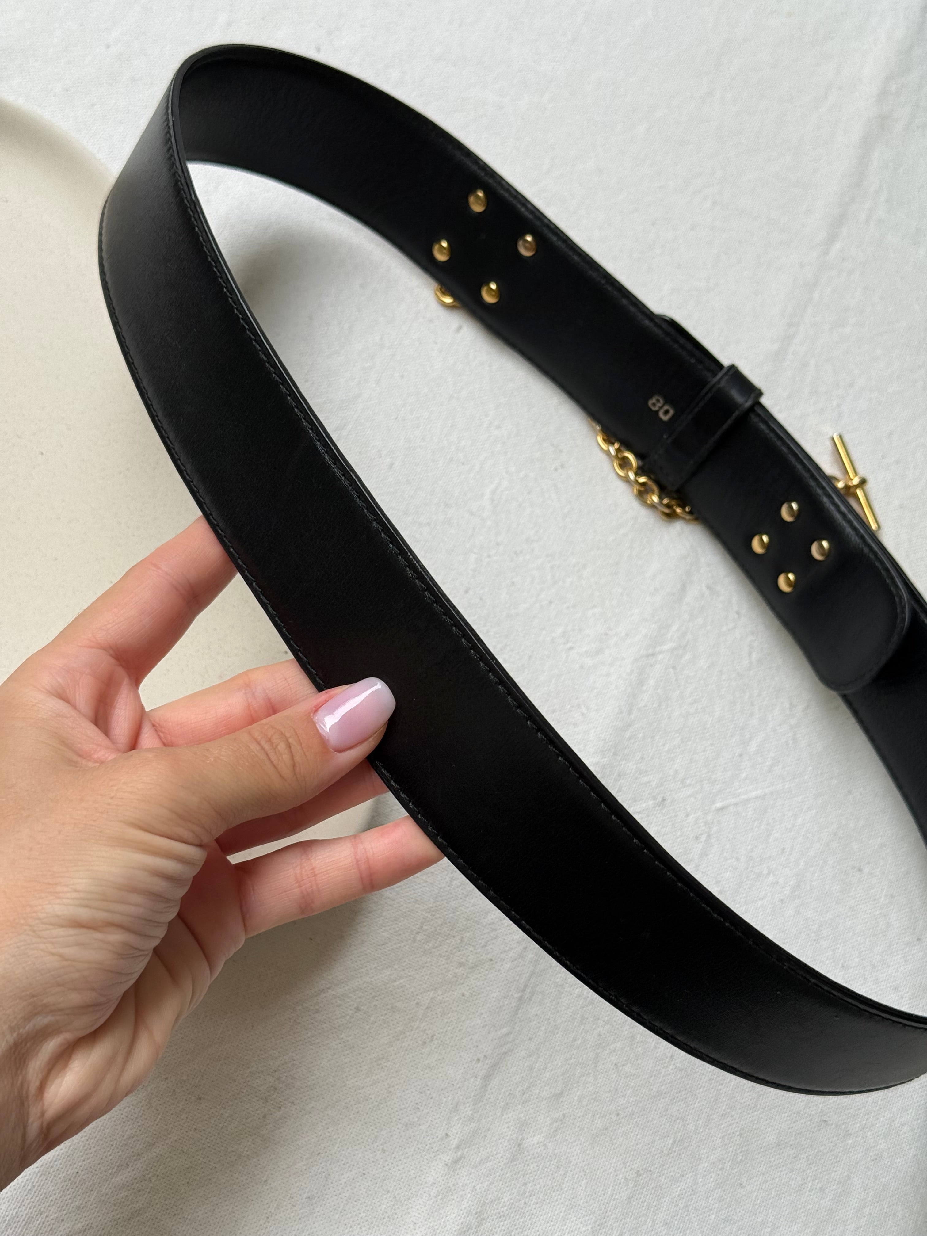 Ceinture Céline vintage - Cuir noir et chaîne dorée