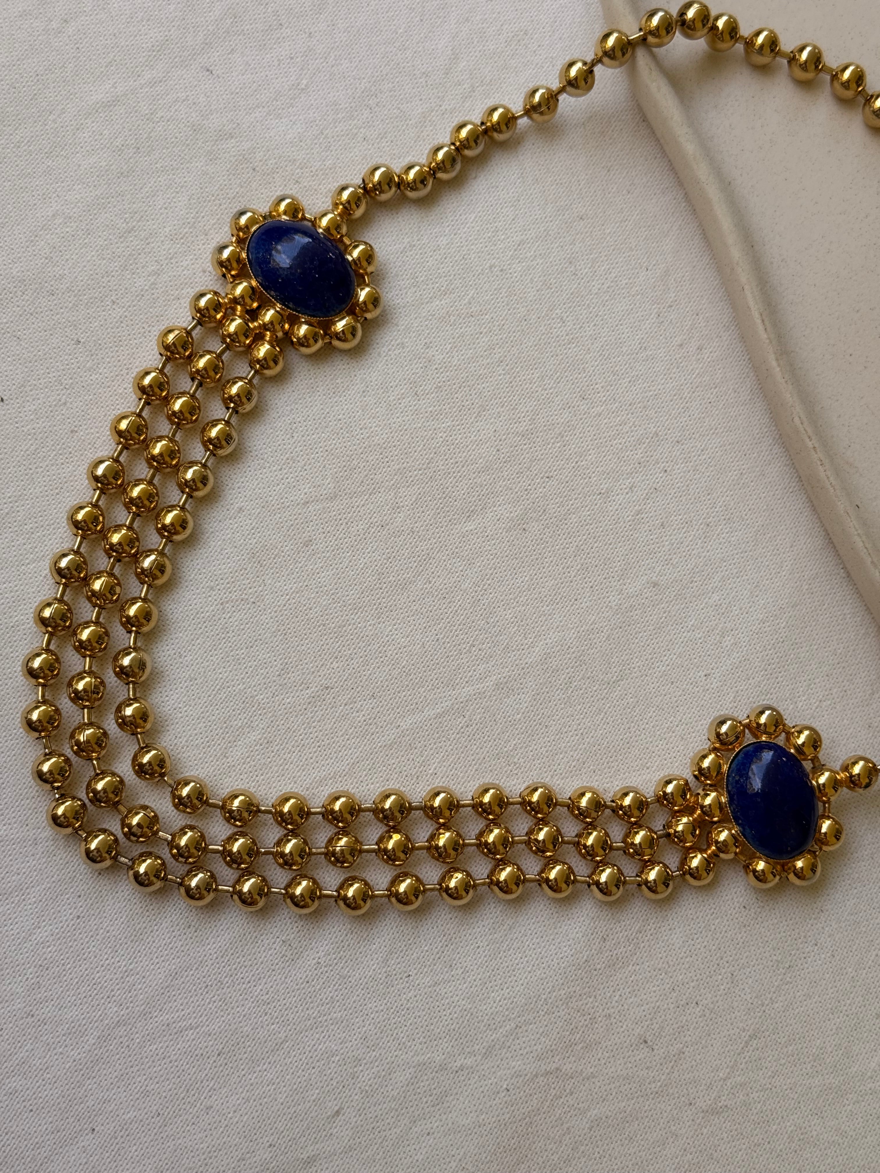 Collier Remydis vintage - Perles dorées et cabochons bleu profond