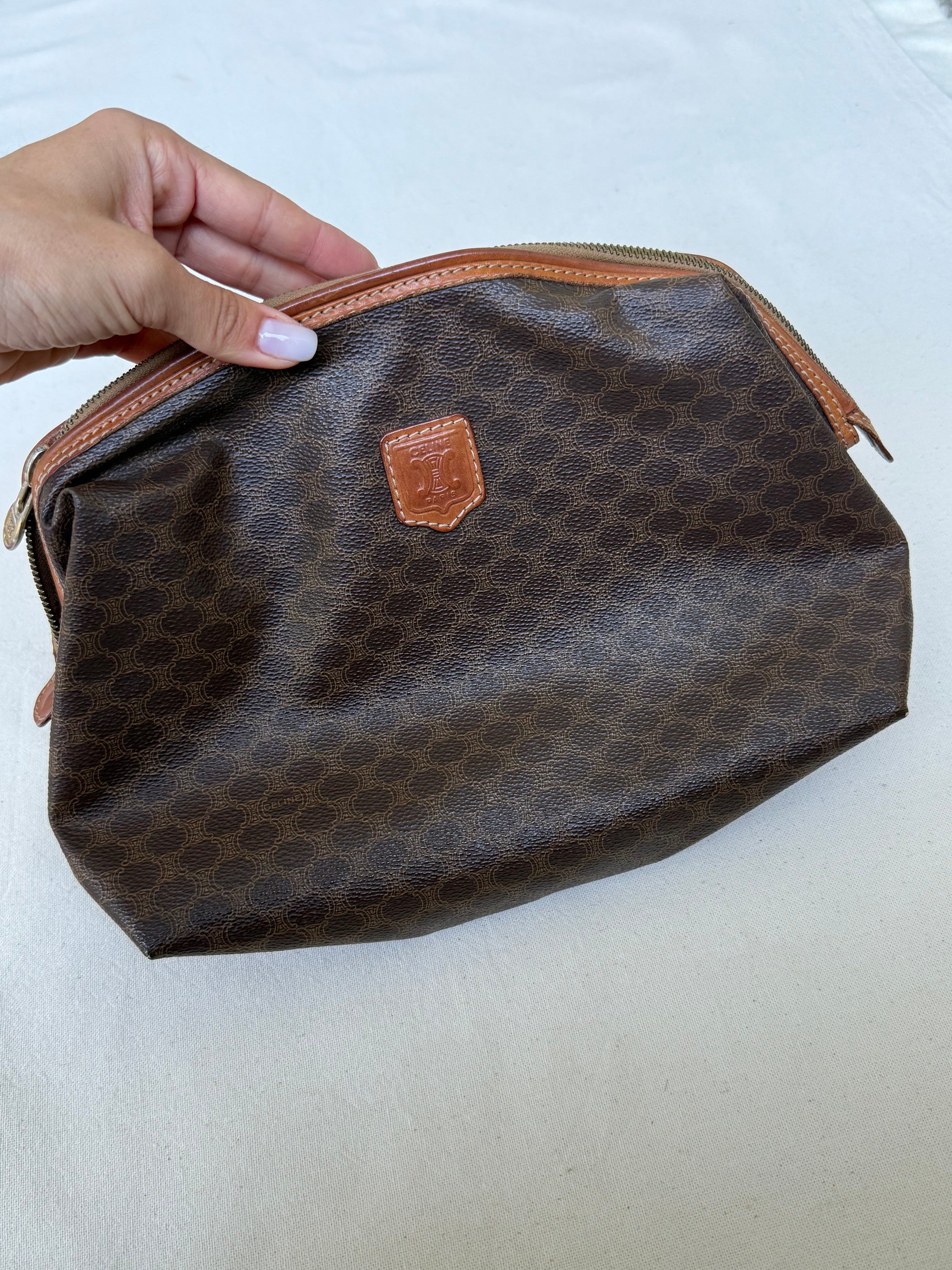 Trousse Céline vintage - Toile triomphe et cuir cognac