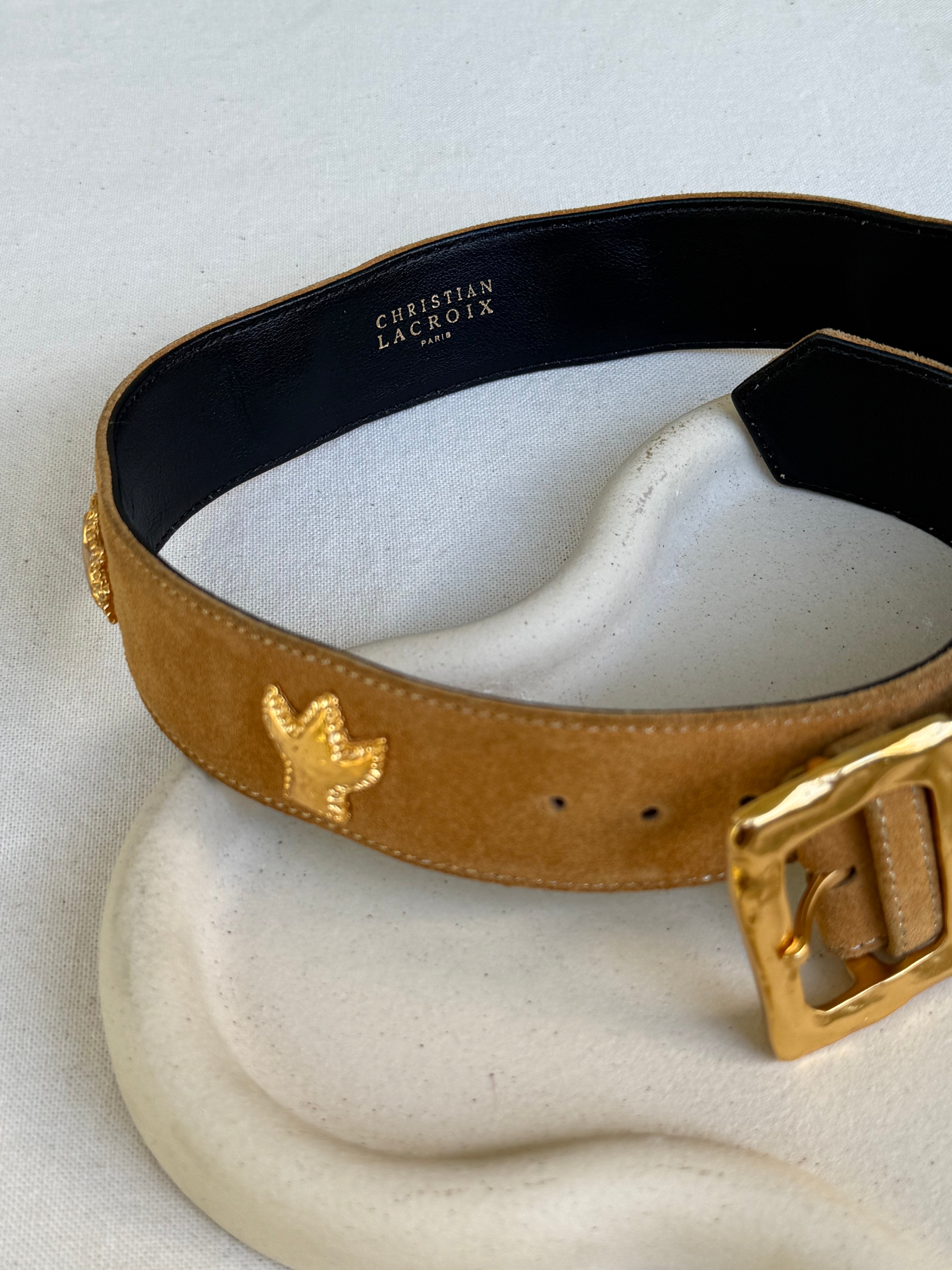 Ceinture Christian Lacroix vintage - Daim camel et empiècements dorés