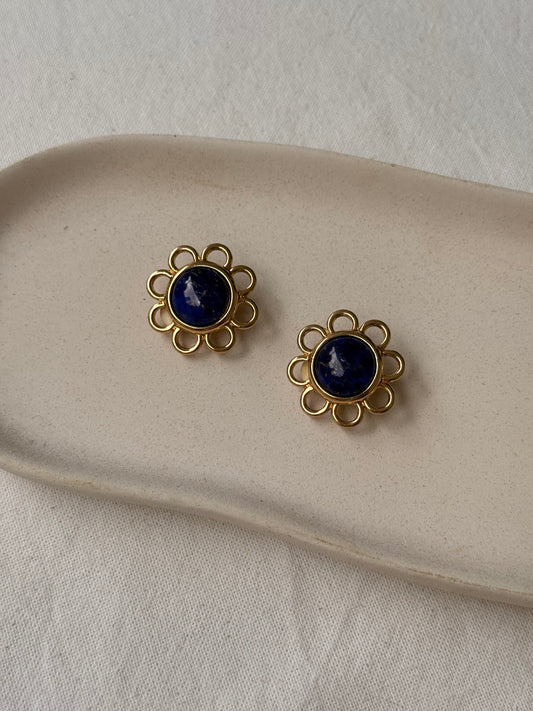 Boucles d’oreilles Orena vintage - Fleurs dorées et cabochon bleu
