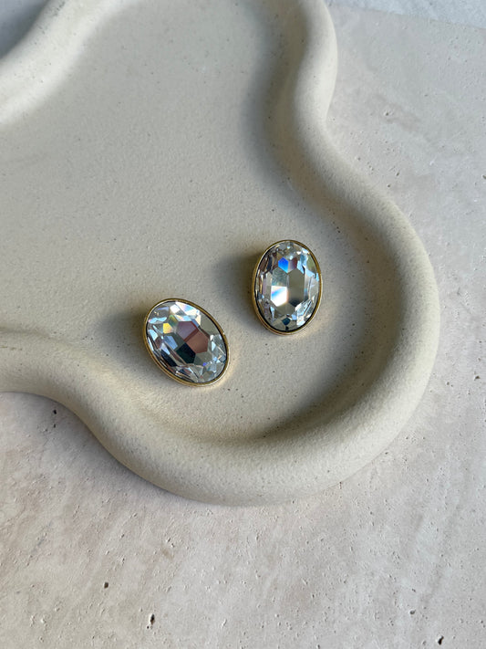 Boucles d’oreilles vintage - Cristaux ovales facettés et monture dorée