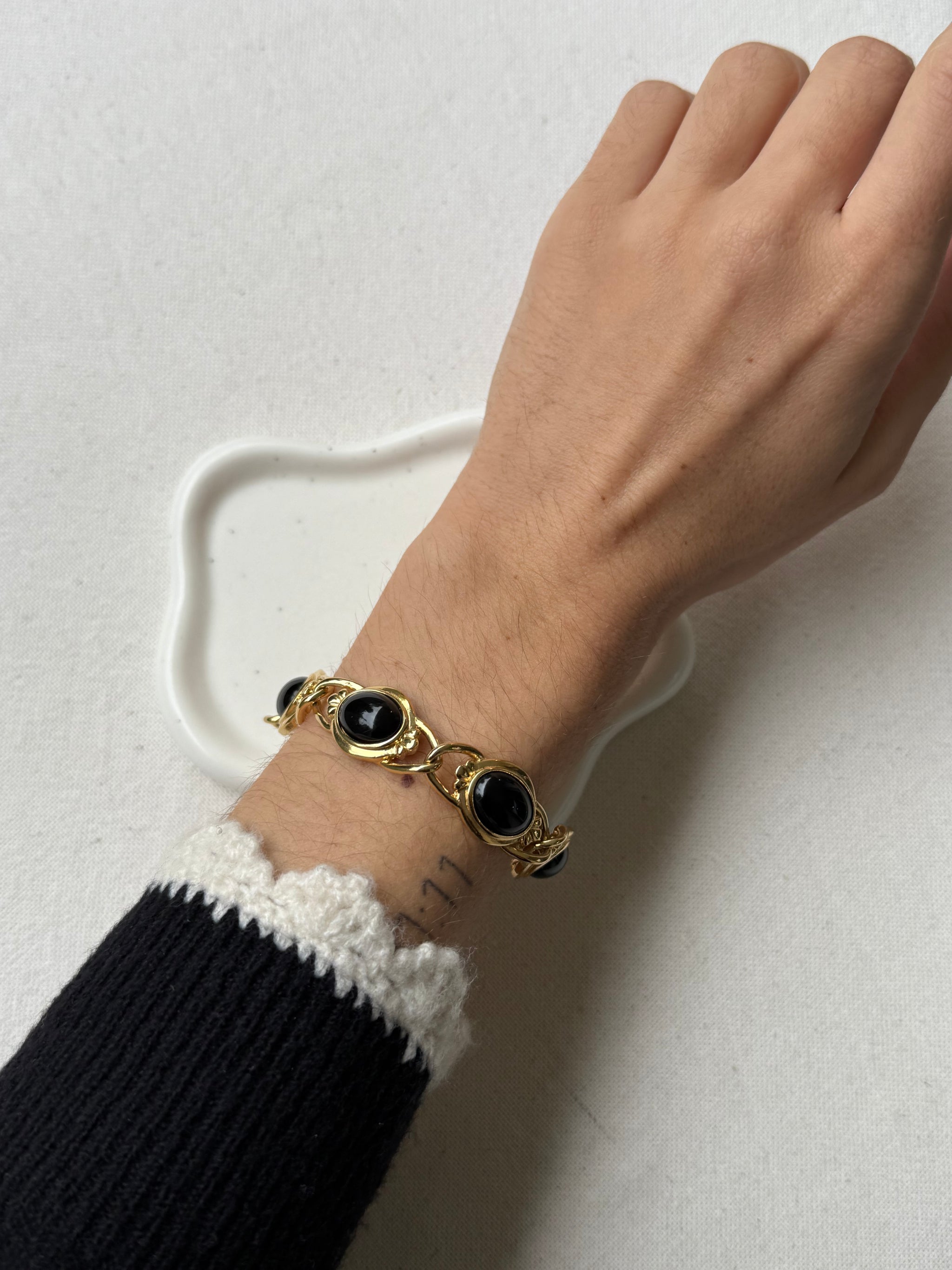 Vintage Trifari Bracelet - Black Cabochons and Gold