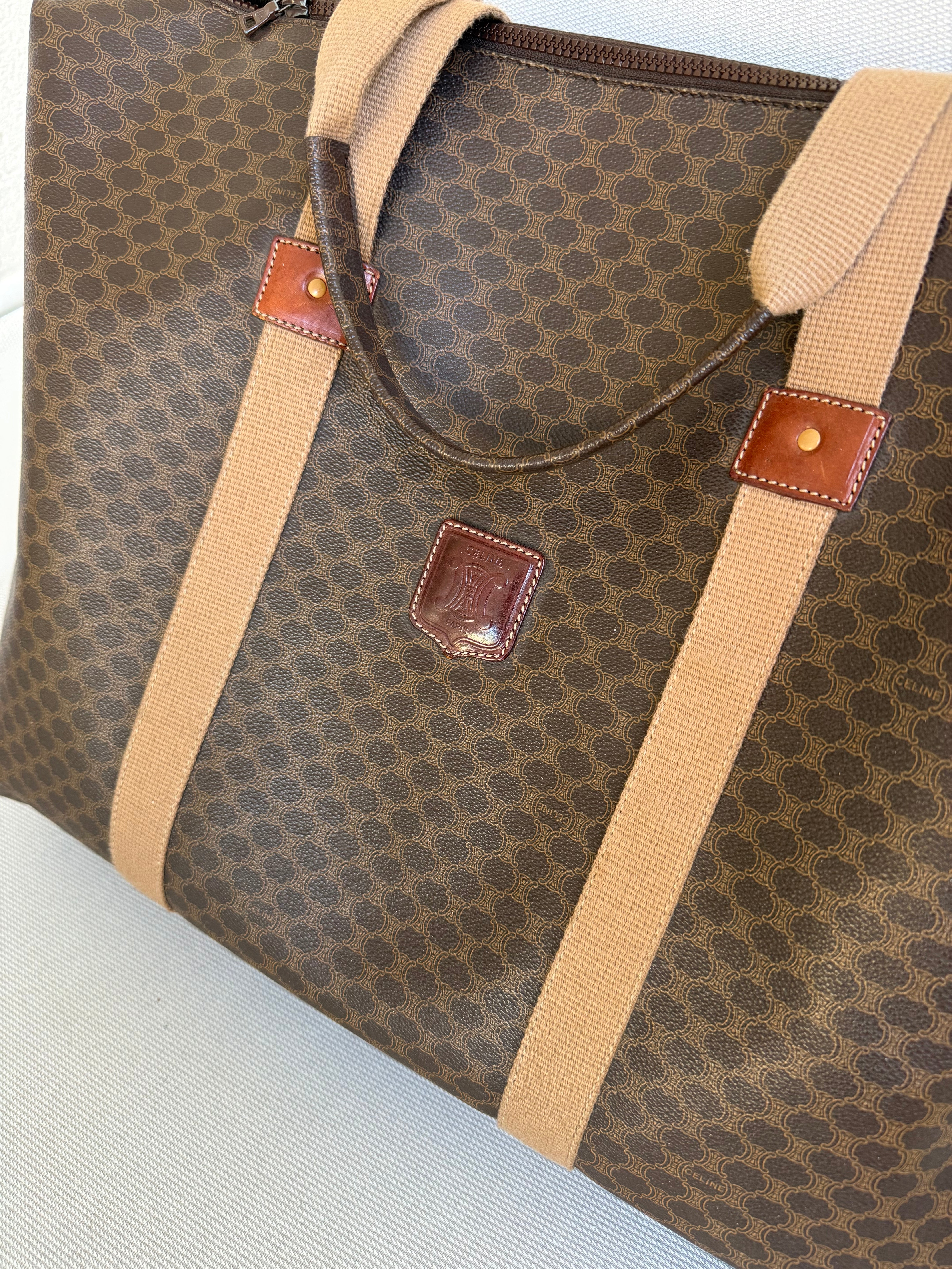 Sac de voyage Céline vintage - Toile triomphe et cuir naturel