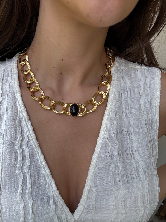 Collier doré vintage - Maillons ovales et cabochon noir