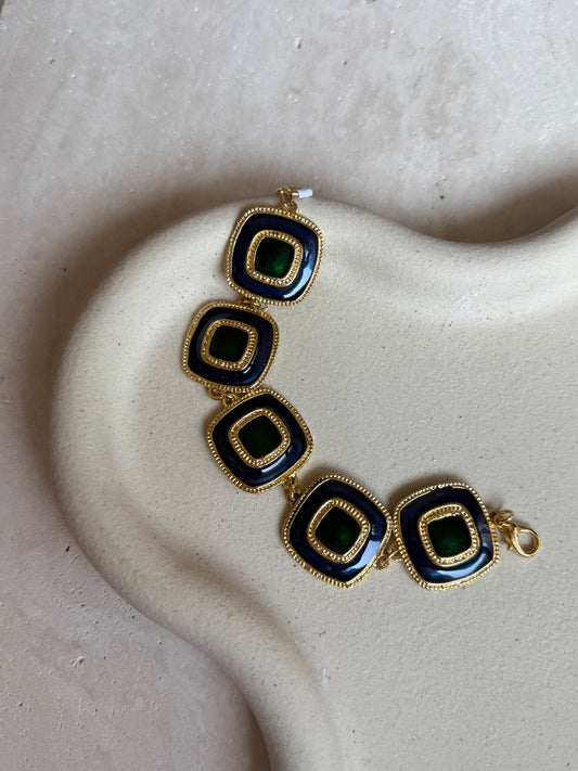 Bracelet vintage émaillé bleu nuit et vert émeraude